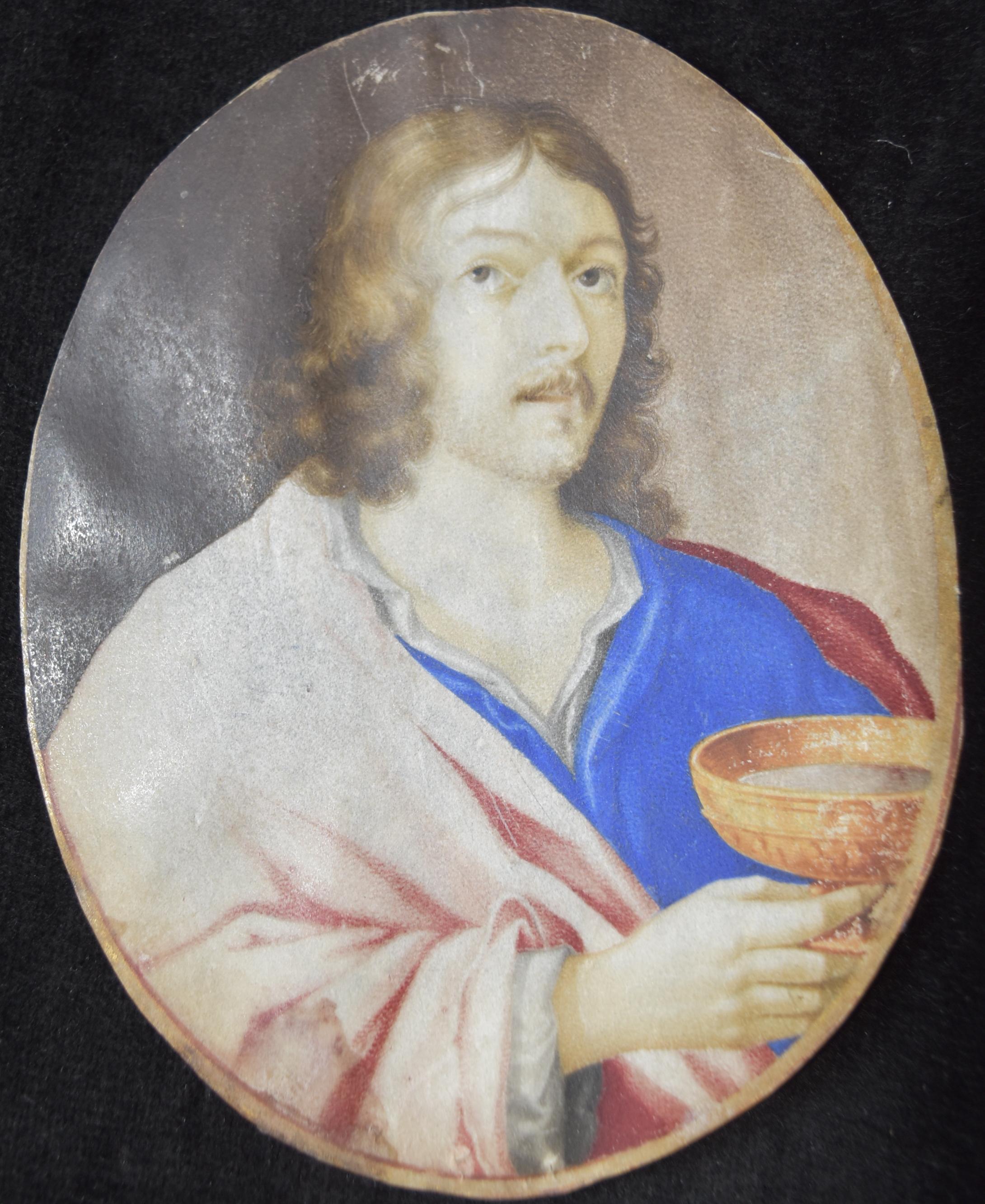 Unknown Portrait Painting - 17th Century, The Christ holding a chalice, gouache on vellum