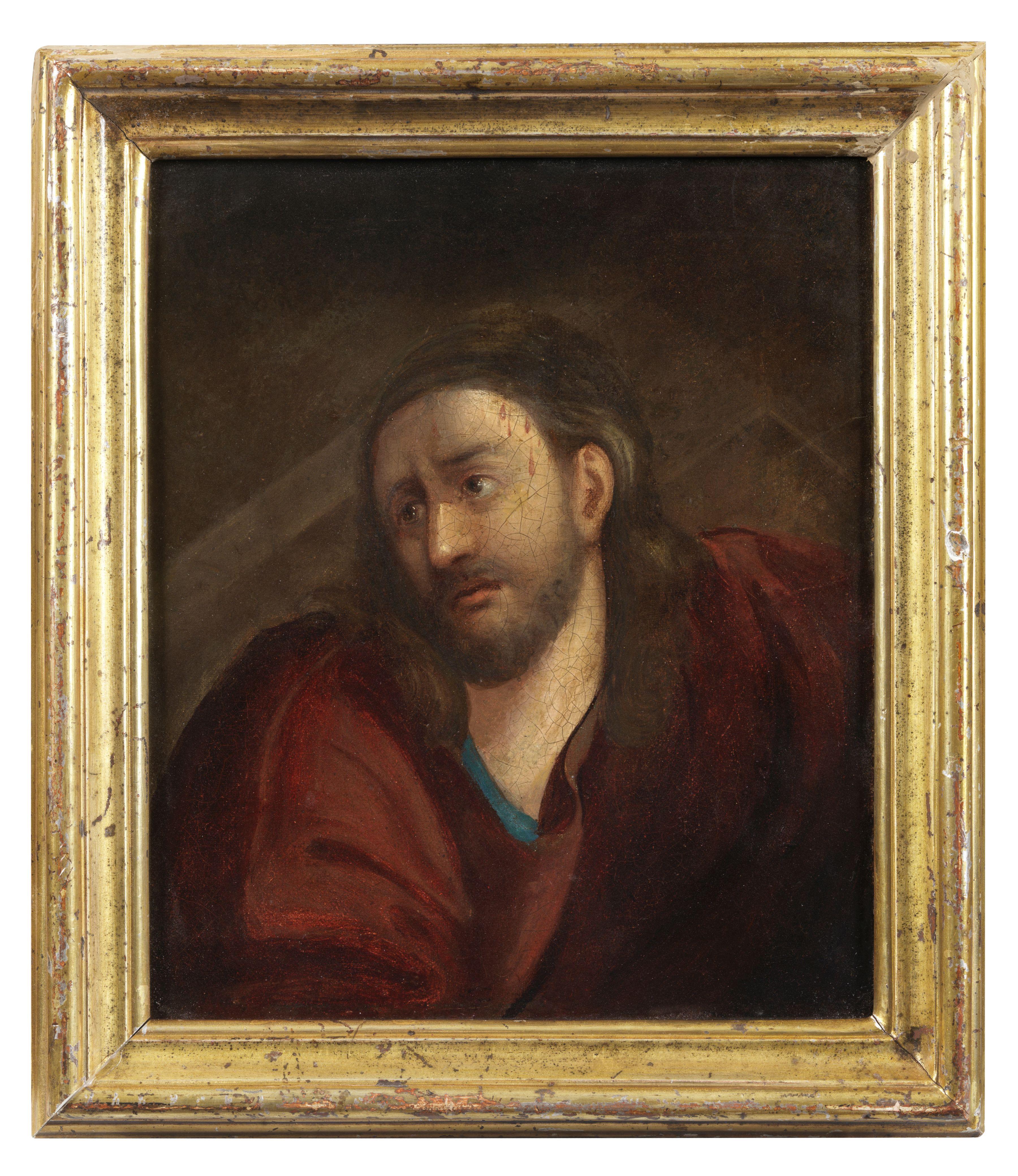 17th Century Venetian School Jesus Christ's Face Oil on Canvas Red Brown Black - Painting by Unknown