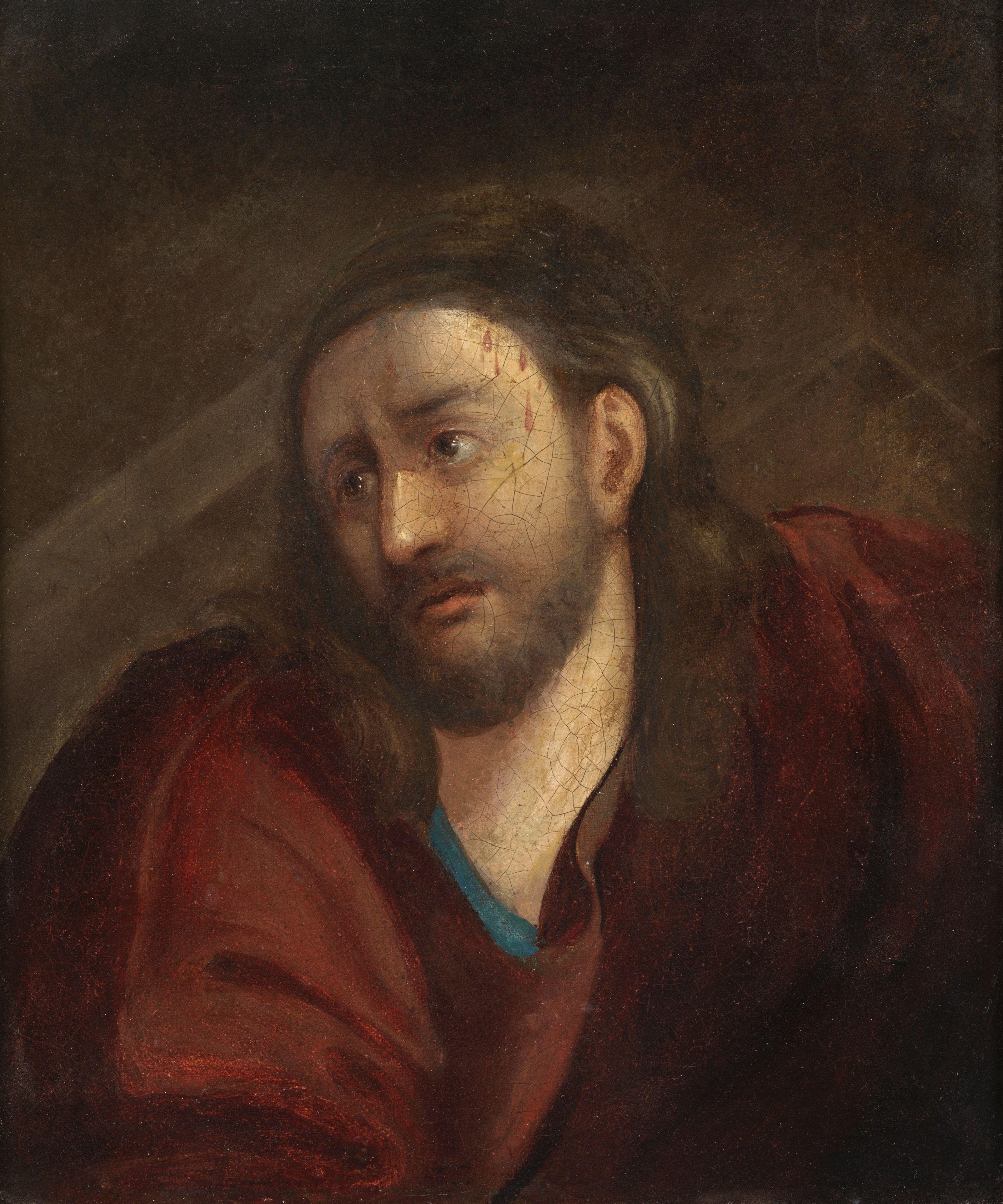 Unknown Portrait Painting - 17th Century Venetian School Jesus Christ's Face Oil on Canvas Red Brown Black