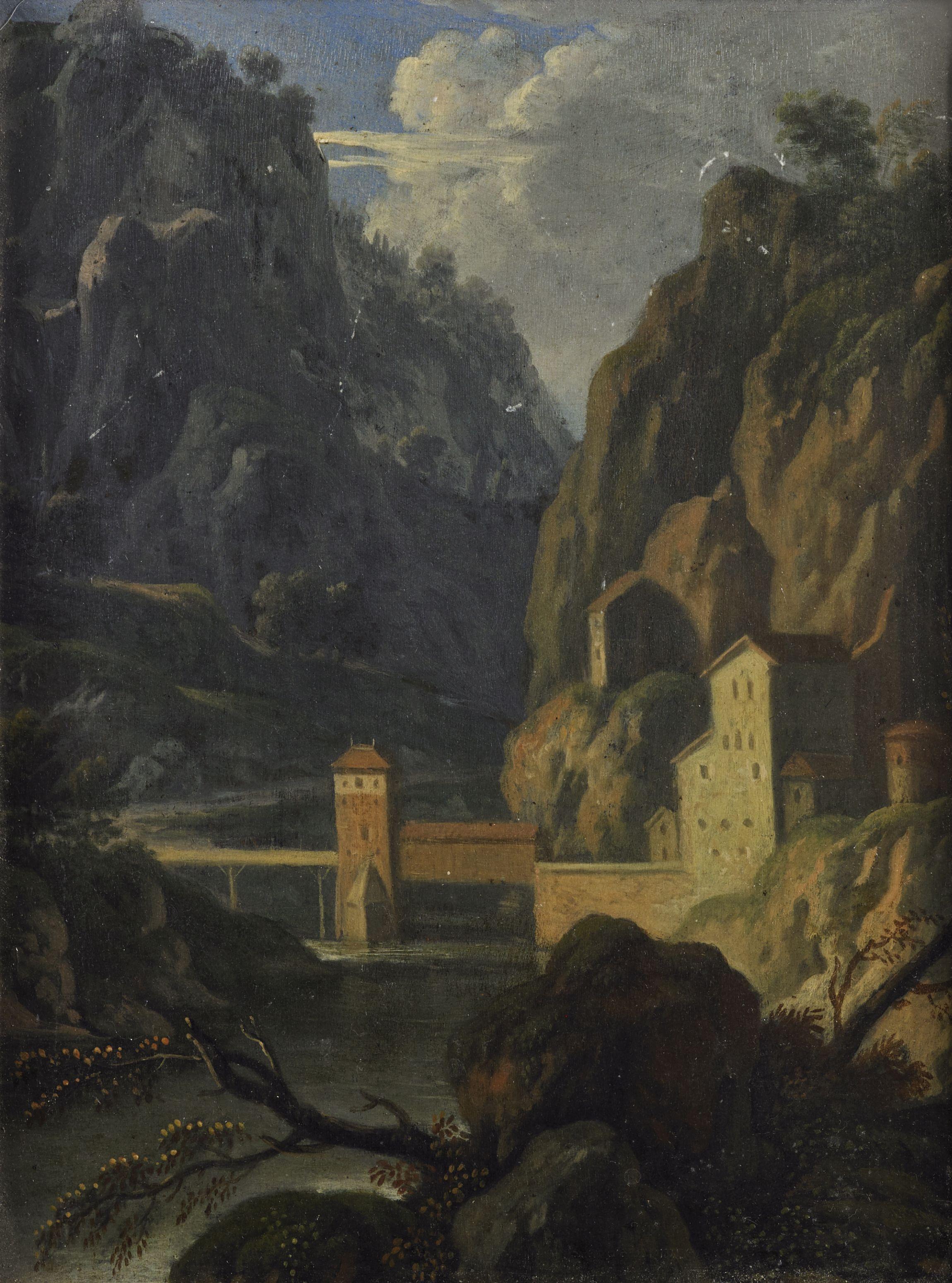 17. Landschaft Flämische Schule Häuser Brücke Bäume Öl auf Leinwand Grün Braun (Black), Landscape Painting, von Unknown