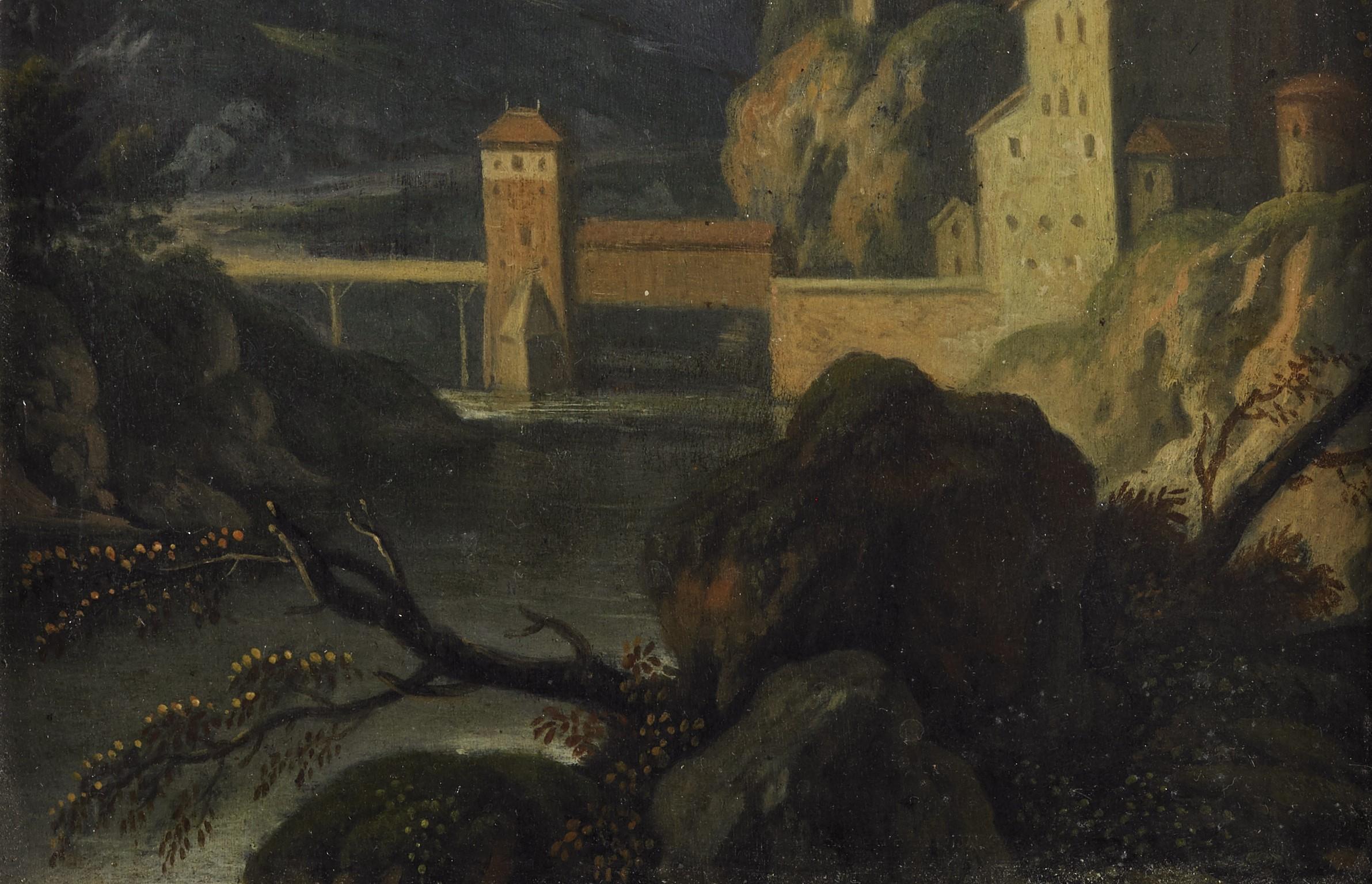 Peinture, huile sur panneau, mesurant 20 x 15 sans cadre et 35 x 30 avec cadre, représentant un paysage avec une belle perspective et des maisons disposées sur une montagne de l'école flamande du milieu du 17e siècle.

Les peintures et les œuvres