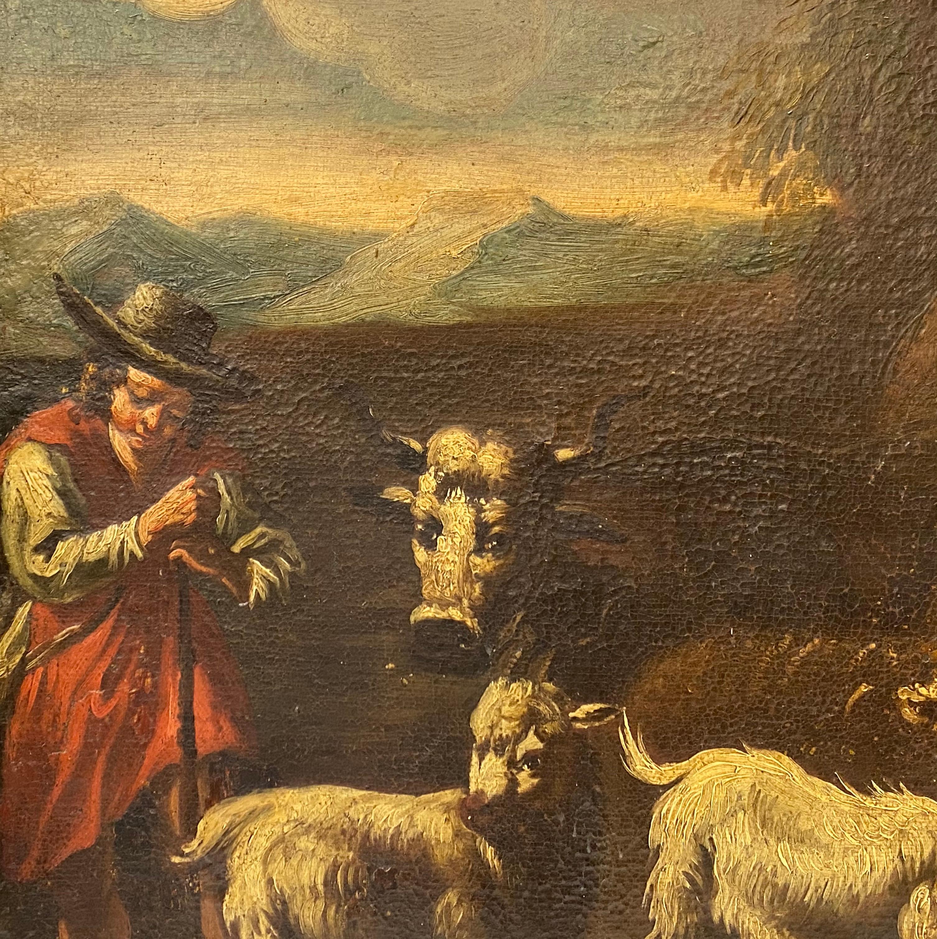17. bis 18. Jahrhundert „Der Hirte“ Europäisches Ölgemälde eines alten Meisters, 17. bis 18. Jahrhundert (Braun), Animal Painting, von Unknown