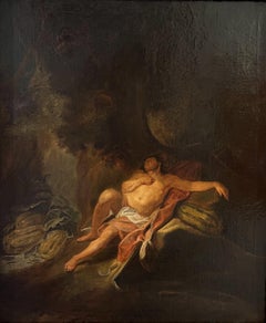 18/19 C Antique Oil Painting on Canvas Herculean Figure Sleeping in a Landscape