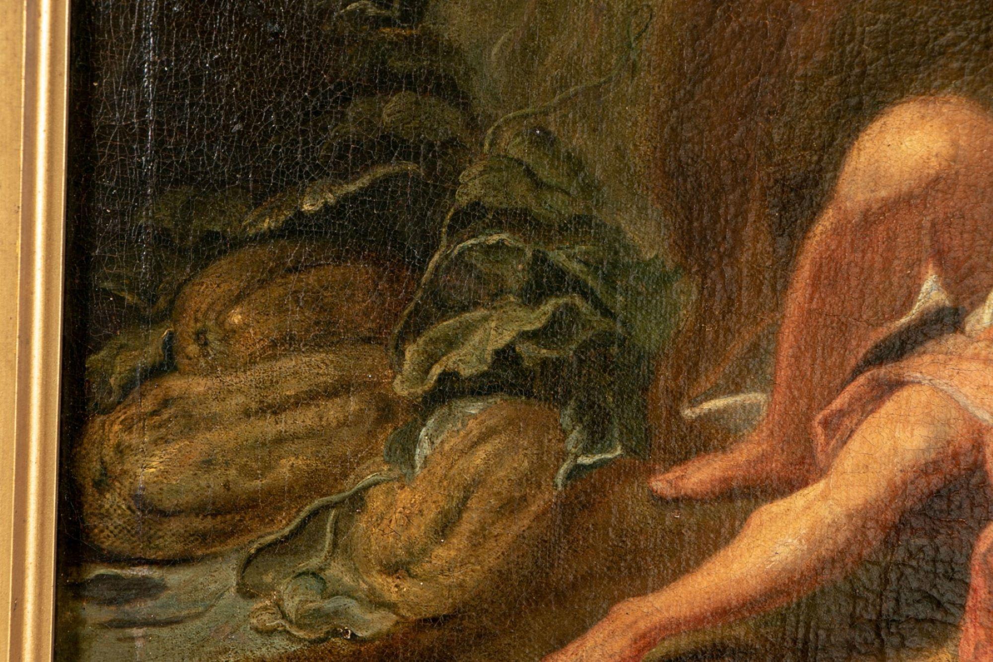 In vendita c'è un interessante dipinto a olio su tela originale del XVIII/XIX secolo, che raffigura un paesaggio scuro con una figura maschile muscolosa seminuda reclinata e addormentata tra i cocomeri che ha appena raccolto. Il suo coltello poggia