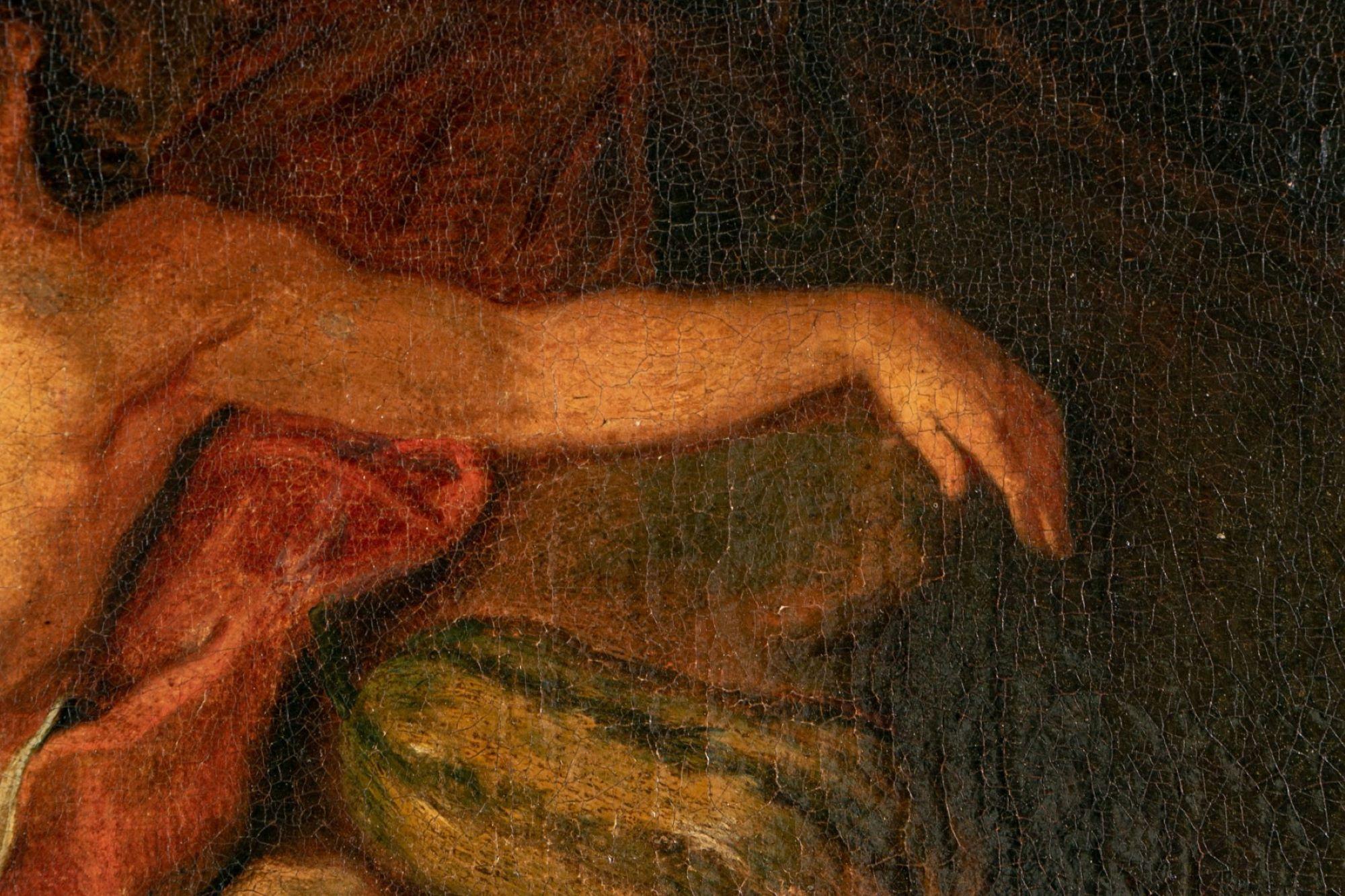 18/19 C Antico dipinto a olio su tela Figura erculea che dorme in un paesaggio 1