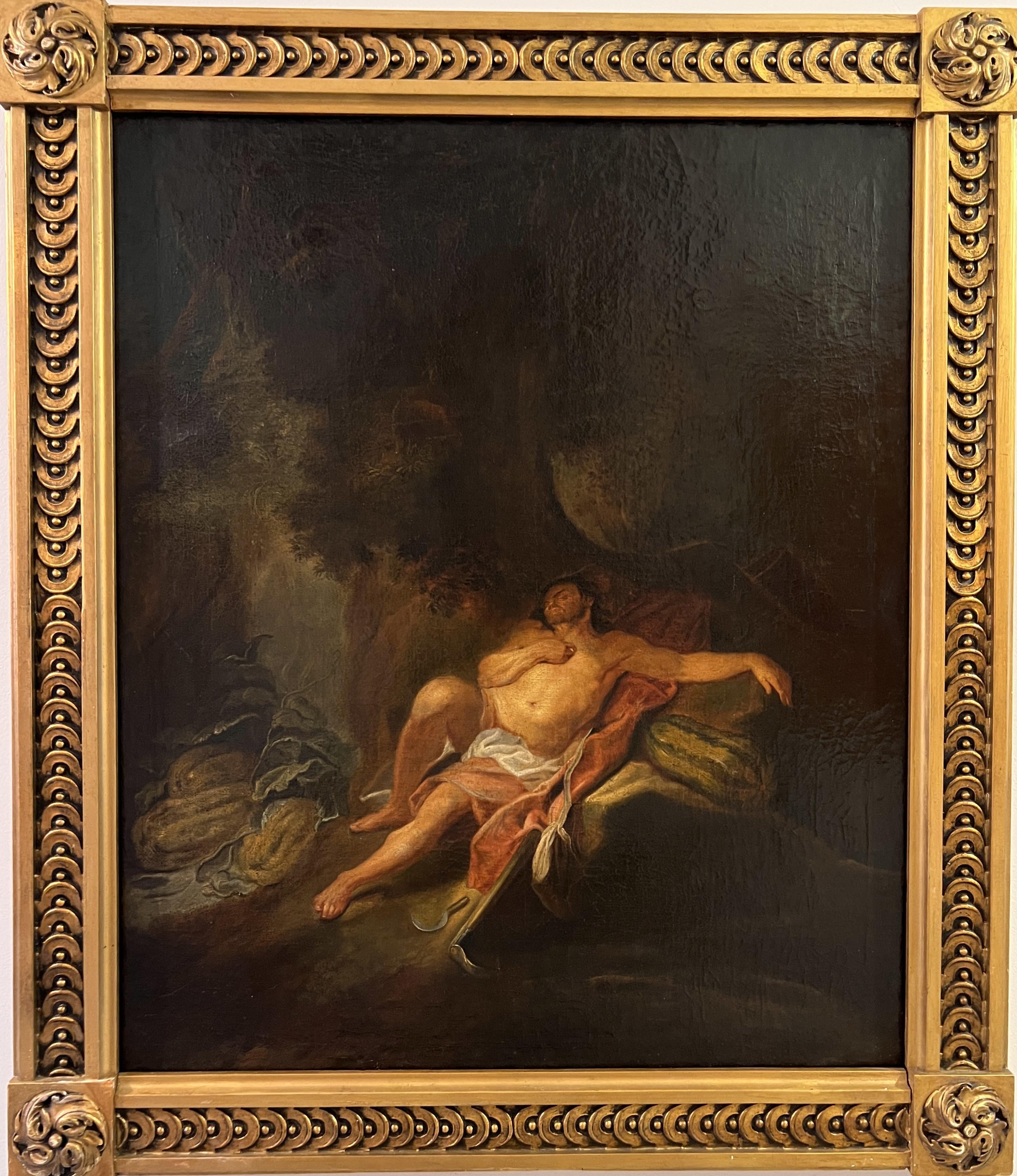 Unknown Portrait Painting - 18/19 C Antique Oil Painting on Canvas Herculean Figure Sleeping in a Landscape