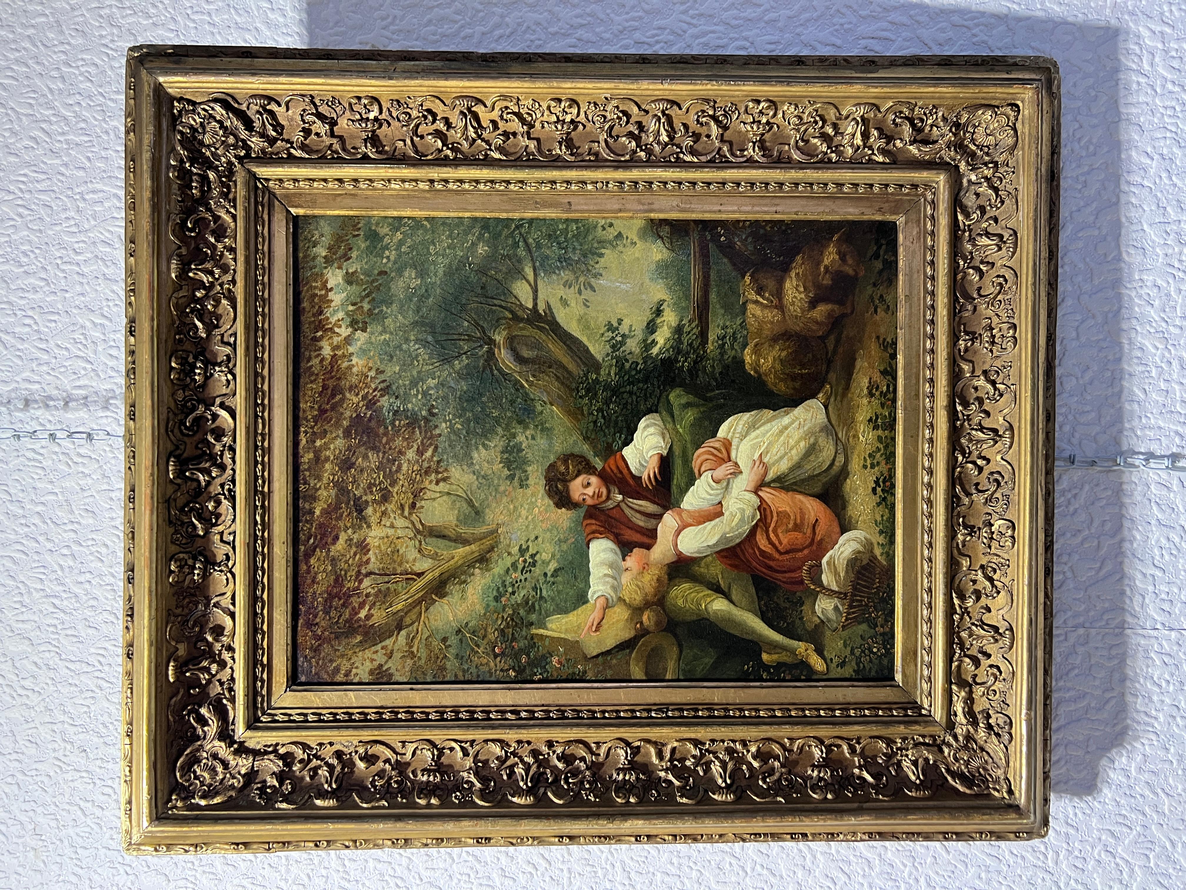 Up for sale is a fabulous Oil on canvas painting. French, late 18th to early 19th century. The artwork depicts a gallant scene, a shepherdess, and her lover resting in the forest. This stunning impressive piece of art is waiting to be a part of your