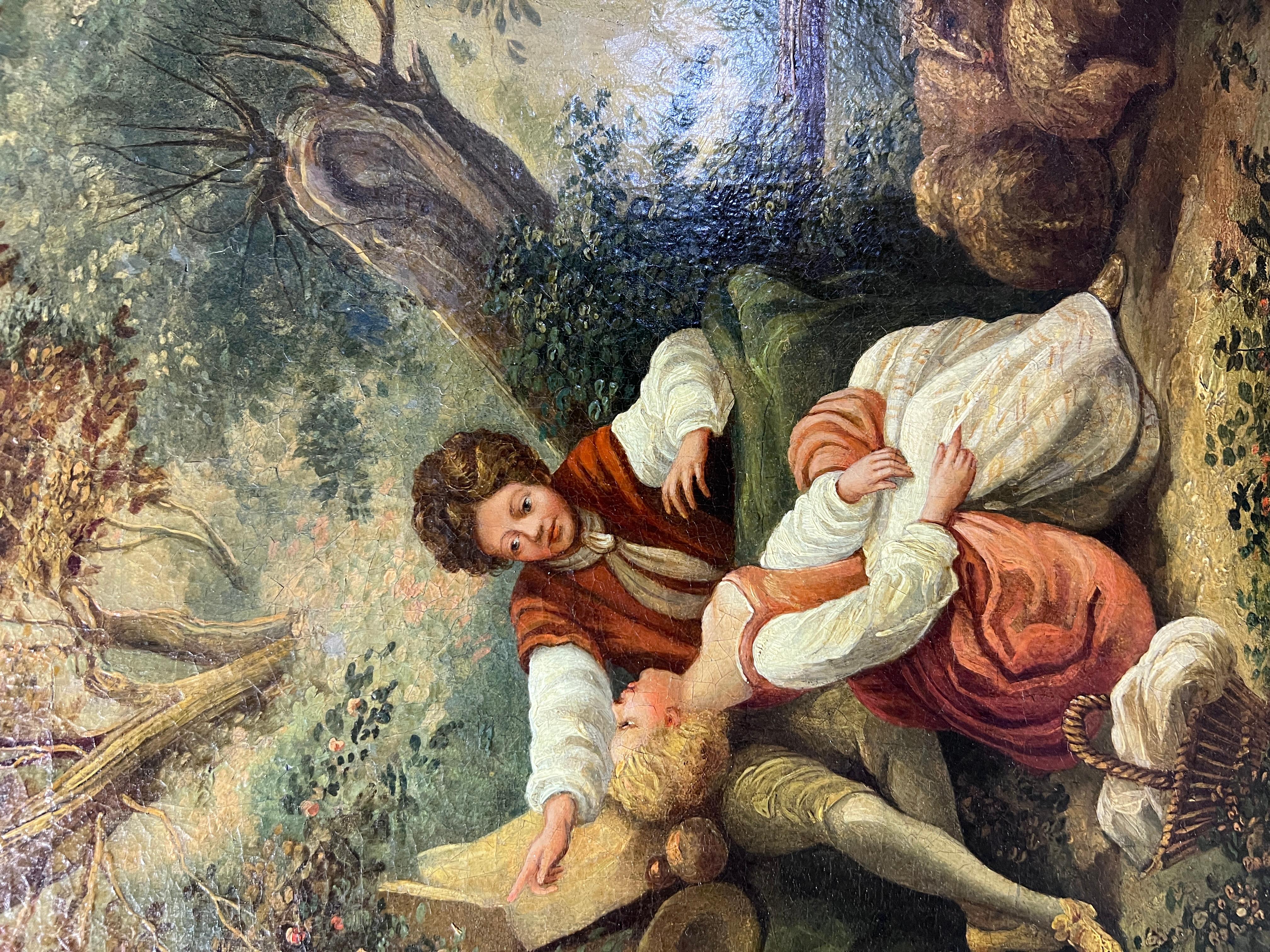 Up&Up est une fabuleuse peinture à l'huile sur toile. Français, fin du XVIIIe siècle, début du XIXe siècle. L'œuvre d'art représente une scène galante, une bergère et son amant se reposant dans la forêt. Cette œuvre d'art impressionnante ne demande