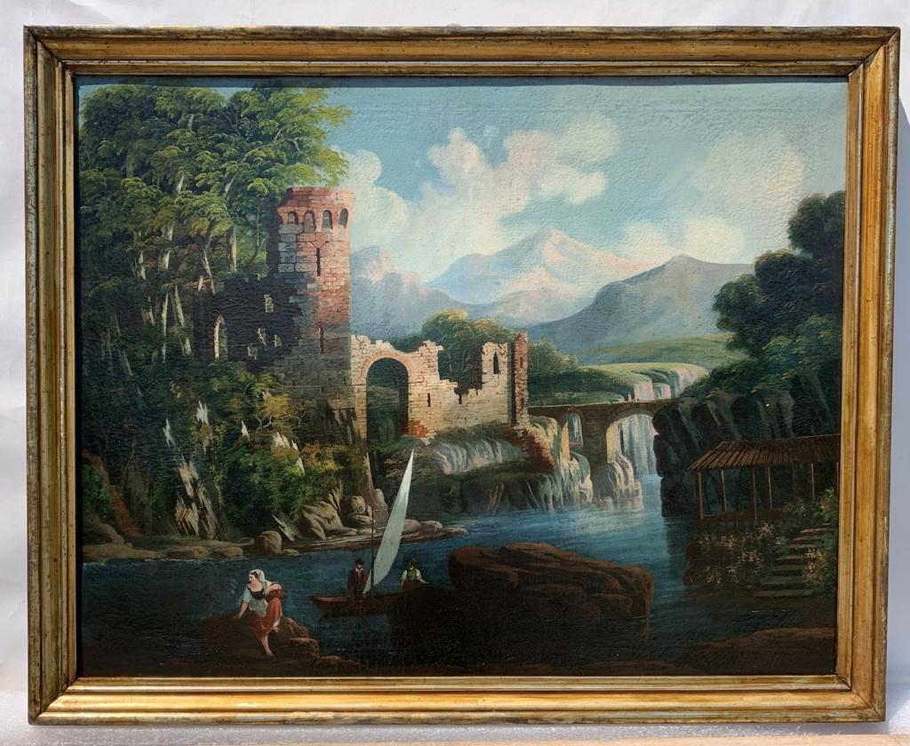 18-19th century Italian figure painting - River landscape - Oil on canvas Italy - Painting by Unknown