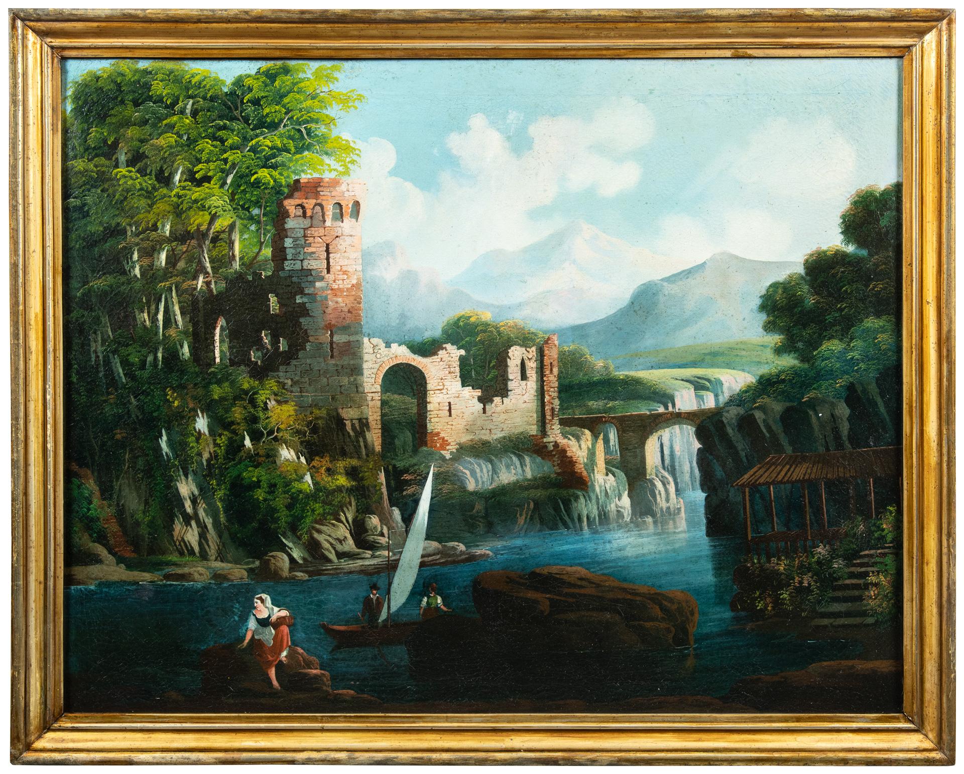 18-19th century Italian figure painting - River landscape - Oil on canvas Italy