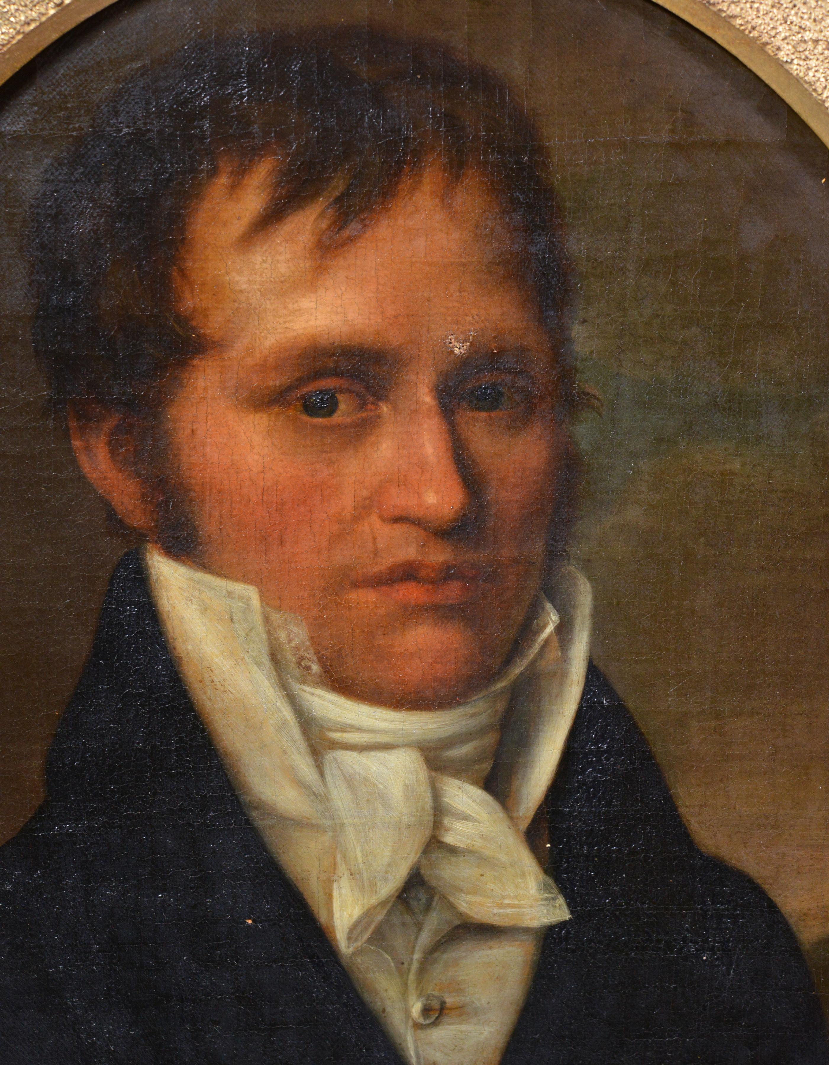 1817 Portrait ovale d'un gentilhomme Huile sur toile Cadre Empire en bronze doré d'origine - Marron Figurative Painting par Unknown