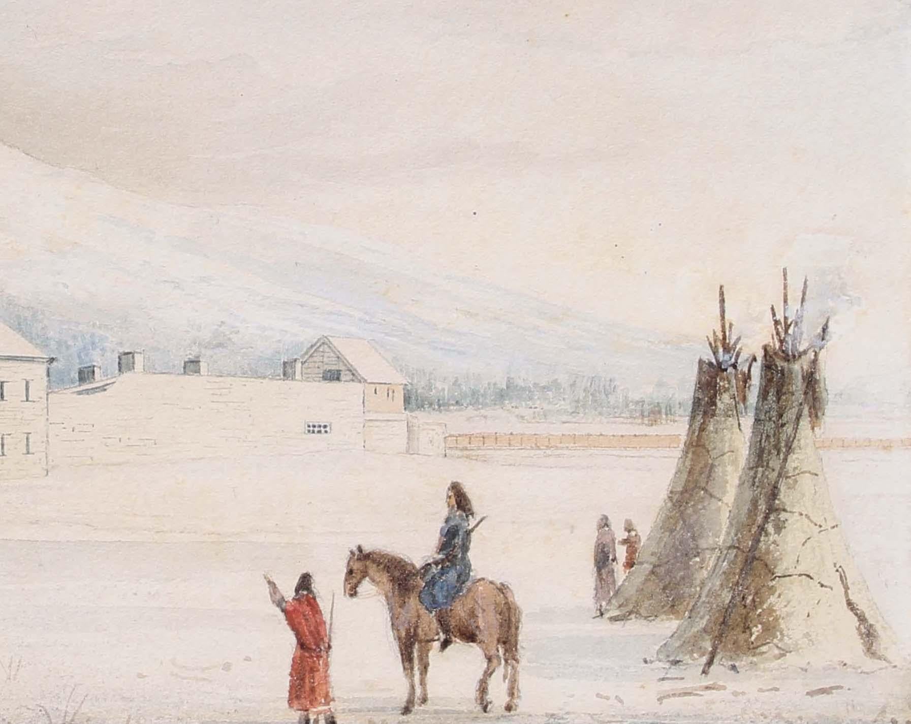 A rare mid 19th Century watercolor depicting Native Americans approaching a fort.  

The subjects appear to be from a Northern Plains Tribes, and arre approaching a palisades style fort.  

This work has been dated by experts to the mid 19th