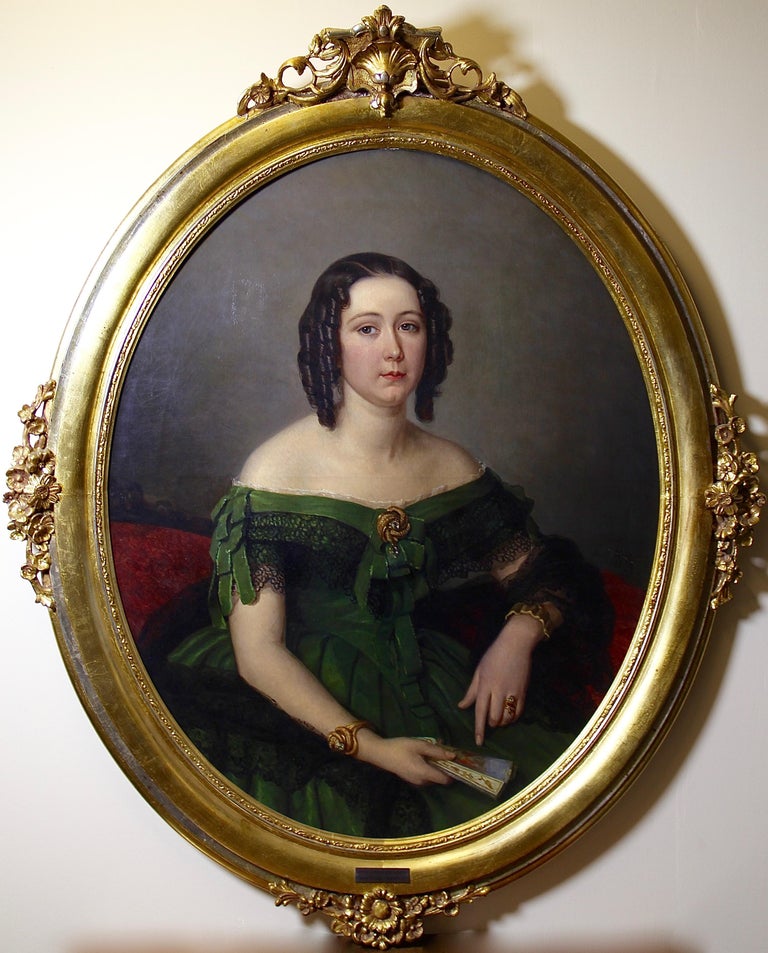 Unknown Portrait Painting - 1852 oval Portrait of Marie Potonie (Sievers), Oil Painting