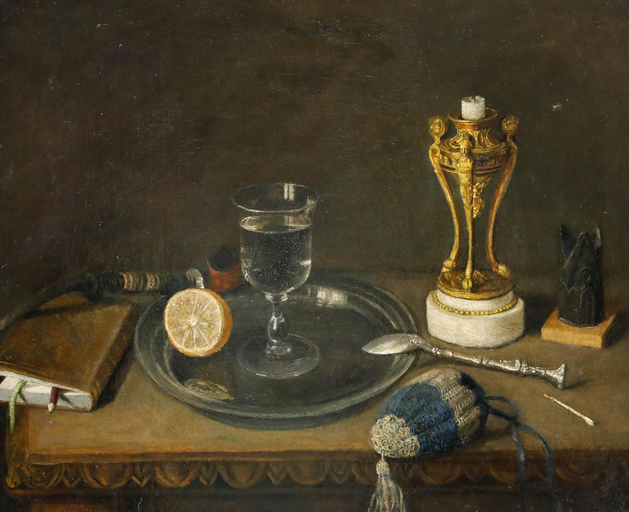 1854 Oil - Still Life with Lemon and Glass - Painting by Unknown