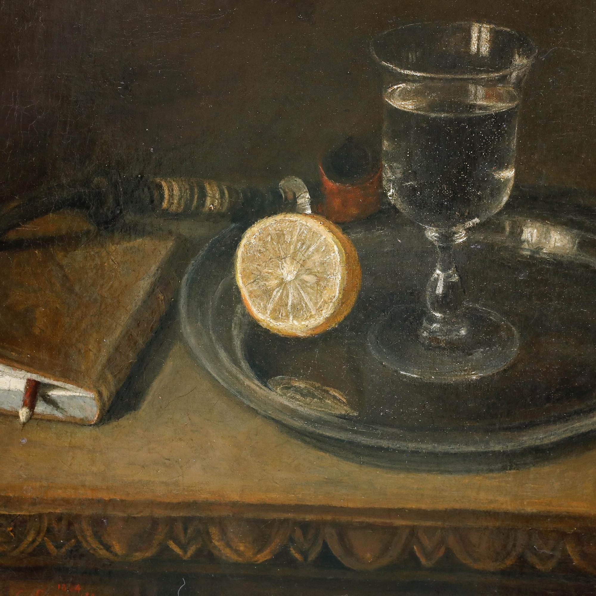 This charming 19th century still life painting features an elegant arrangement of objects on a table, including a glass of wine, a halved lemon, ornate vessels, and decorative items set against a dark, moody background. Signed and dated to the lower