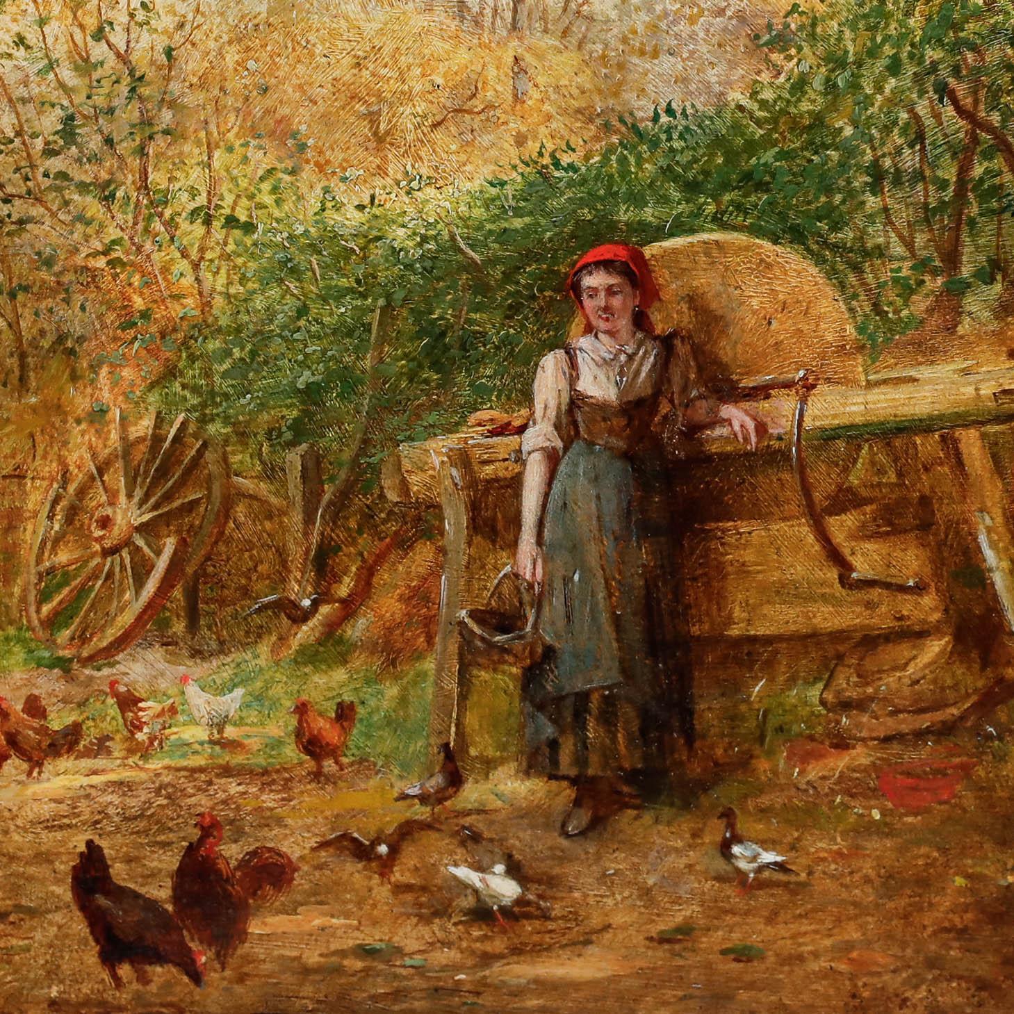 Dieses pastorale Gemälde aus dem 19. Jahrhundert zeigt eine ländliche Bauernhofszene, in deren Mittelpunkt eine Frau in traditioneller Kleidung steht, die in einer rustikalen Hofumgebung Hühner füttert. Die Komposition zeichnet sich durch warme