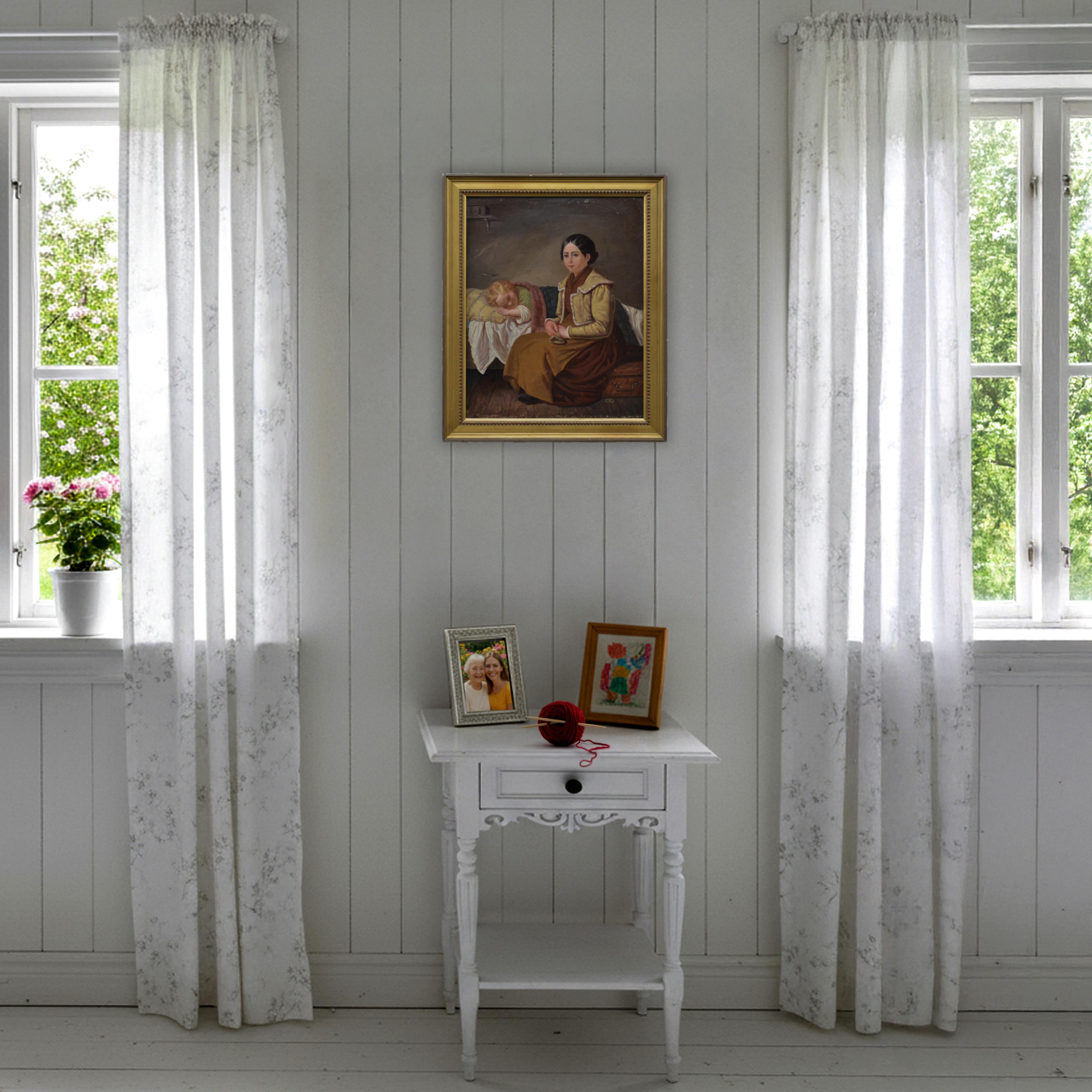 1858 Peinture à l'huile suédoise Scène de famille tendre Mère et Child Child endormi Encadré en vente 8