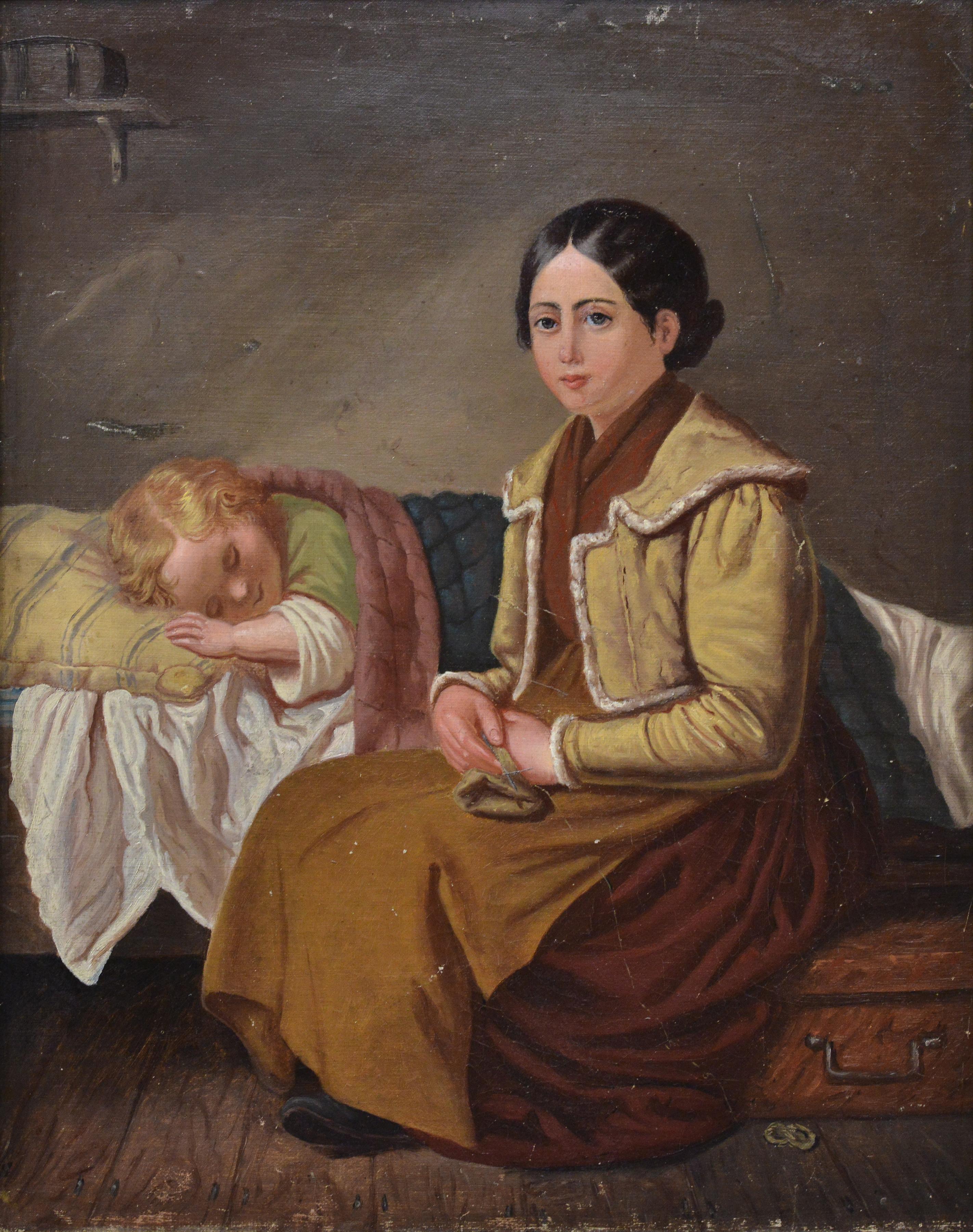 1858 Peinture à l'huile suédoise Scène de famille tendre Mère et Child Child endormi Encadré - Marron Figurative Painting par Unknown