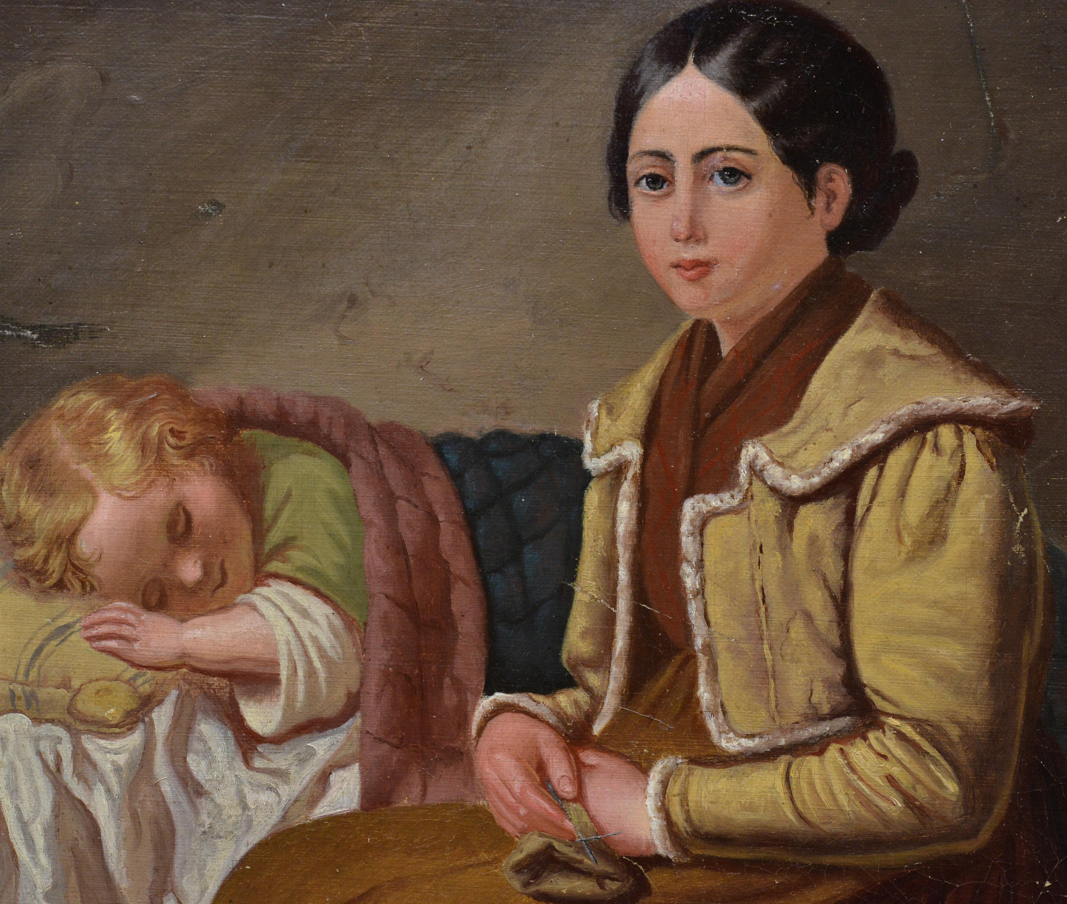 Plongez dans la scène touchante de cette peinture de 1858 qui raconte une belle histoire : Tout en protégeant le doux sommeil de son bébé, la mère se blottit confortablement à proximité, prête à tricoter. L'édredon enroulé autour de l'enfant et les