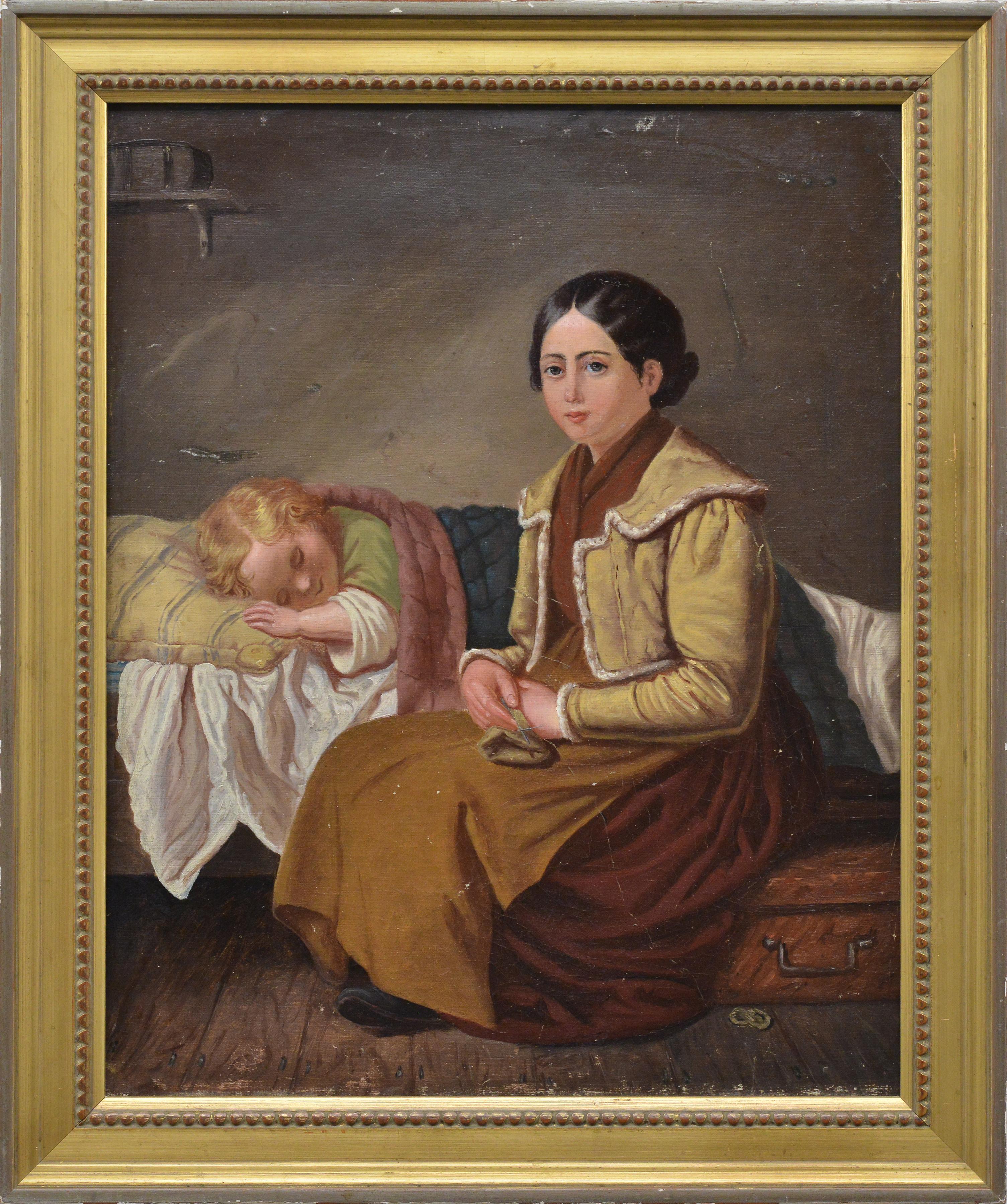 1858 Peinture à l
huile suédoise Scène de famille tendre Mère et Child Child endormi Encadré