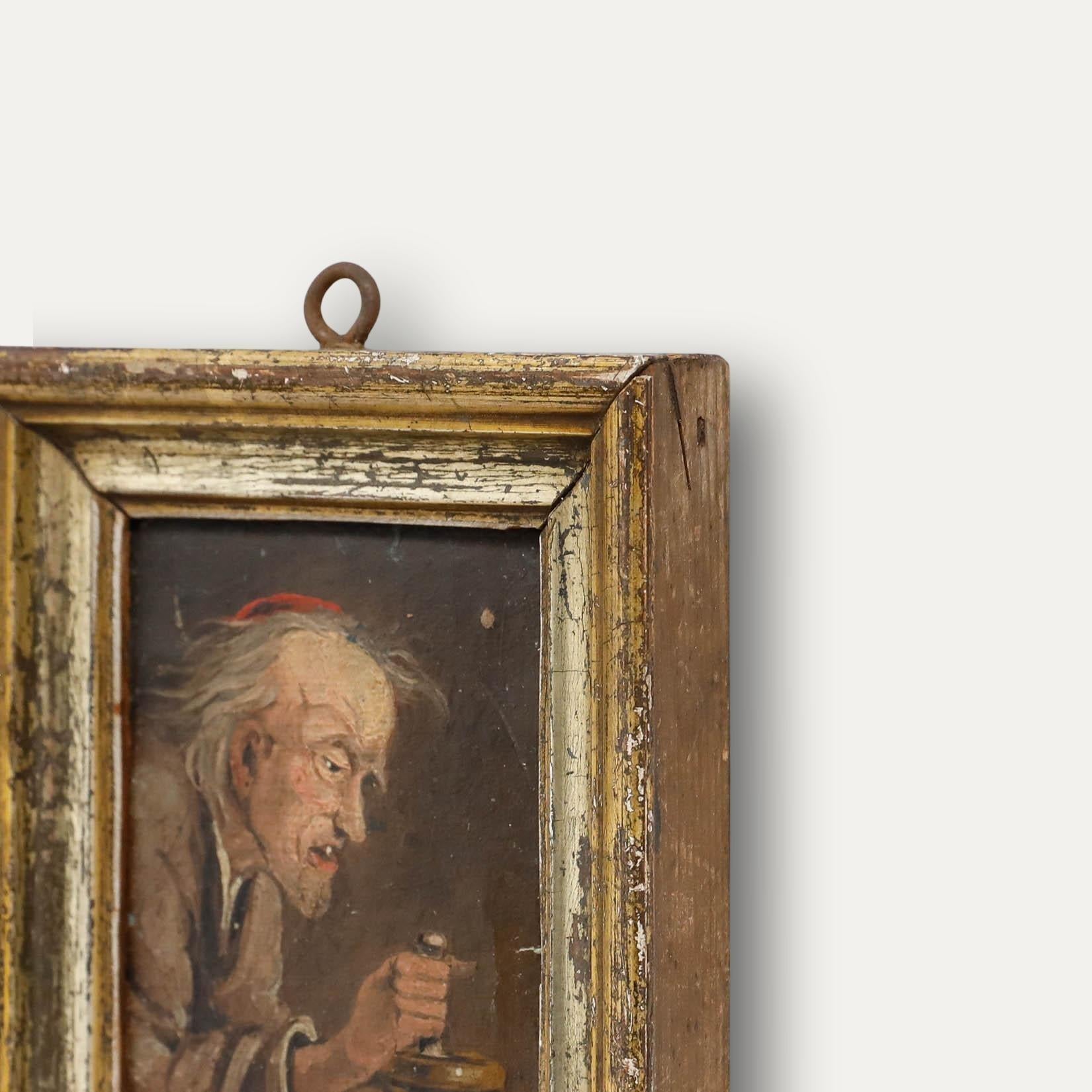 Una miniatura ad olio del XIX secolo, unica nel suo genere, che raffigura un vecchio speziale con un pestello e un mortaio al suo fianco. Il soggetto è reso con un aspetto trasandato e un viso caratteristico, segnato dalle intemperie, pieno di