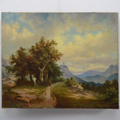 1869 Romantico paesaggio alpino dipinto ad olio Monk Meeting at Wayside Cross Firmato