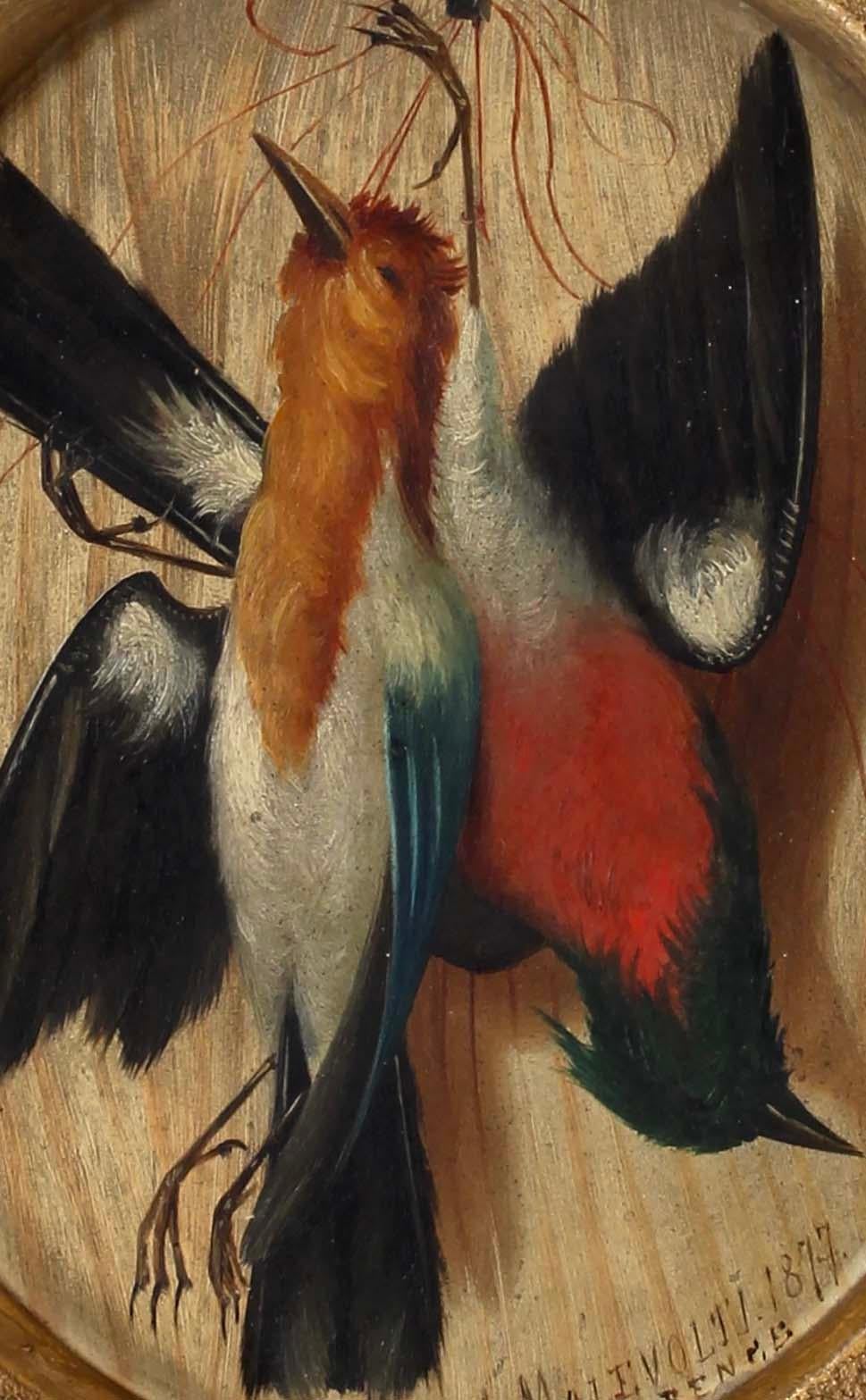 Scena di caccia trompe l'oeil del 1870 Pittura ad olio uccelli selvaggina oro - Painting di Unknown