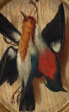 1870's Antigua Escena de Caza Italiana trampantojo Pintura al Óleo Aves Caza Oro