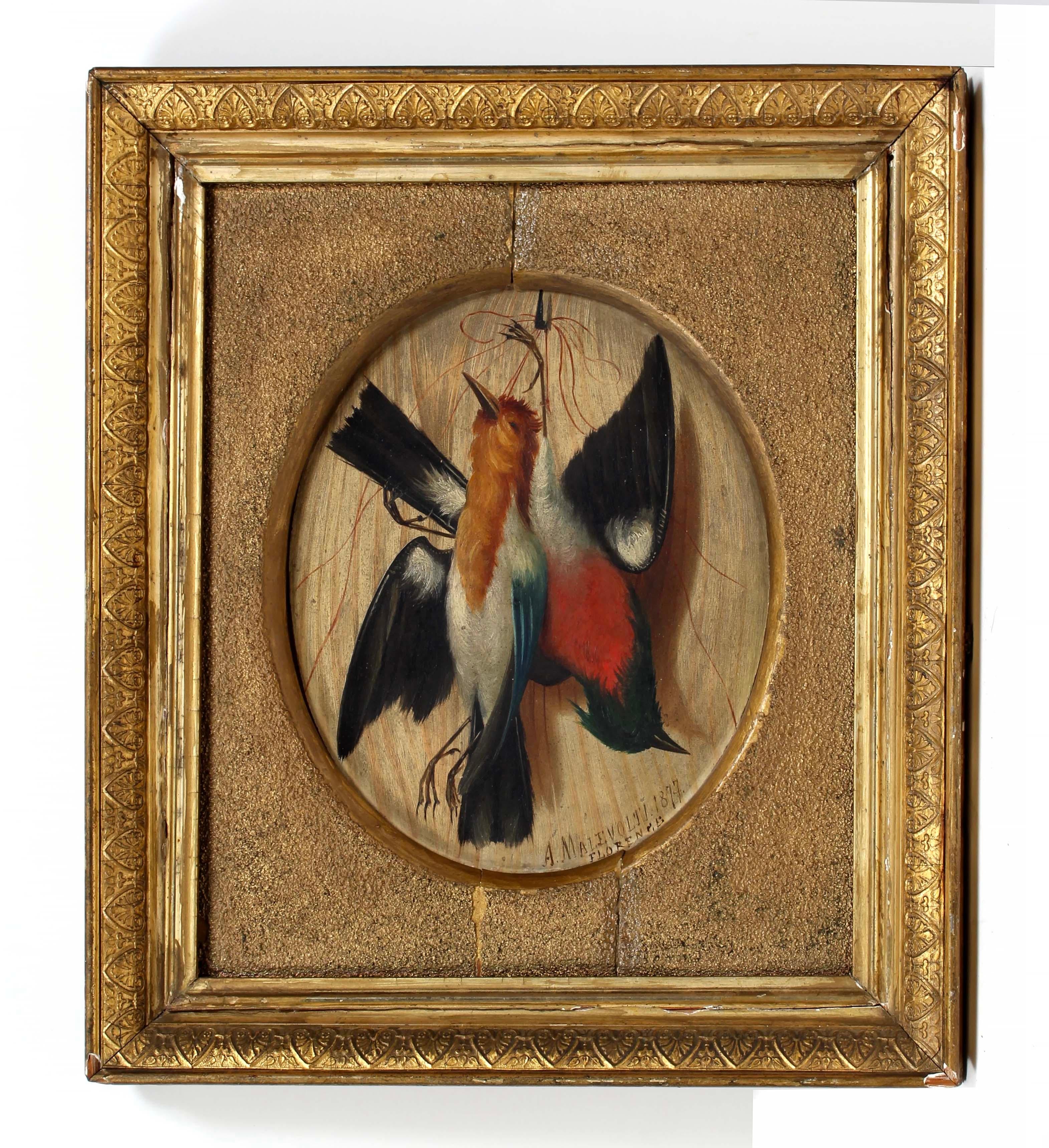 Scena di caccia trompe l'oeil del 1870 Pittura ad olio uccelli selvaggina oro - Still-Life Painting Marrone di Unknown
