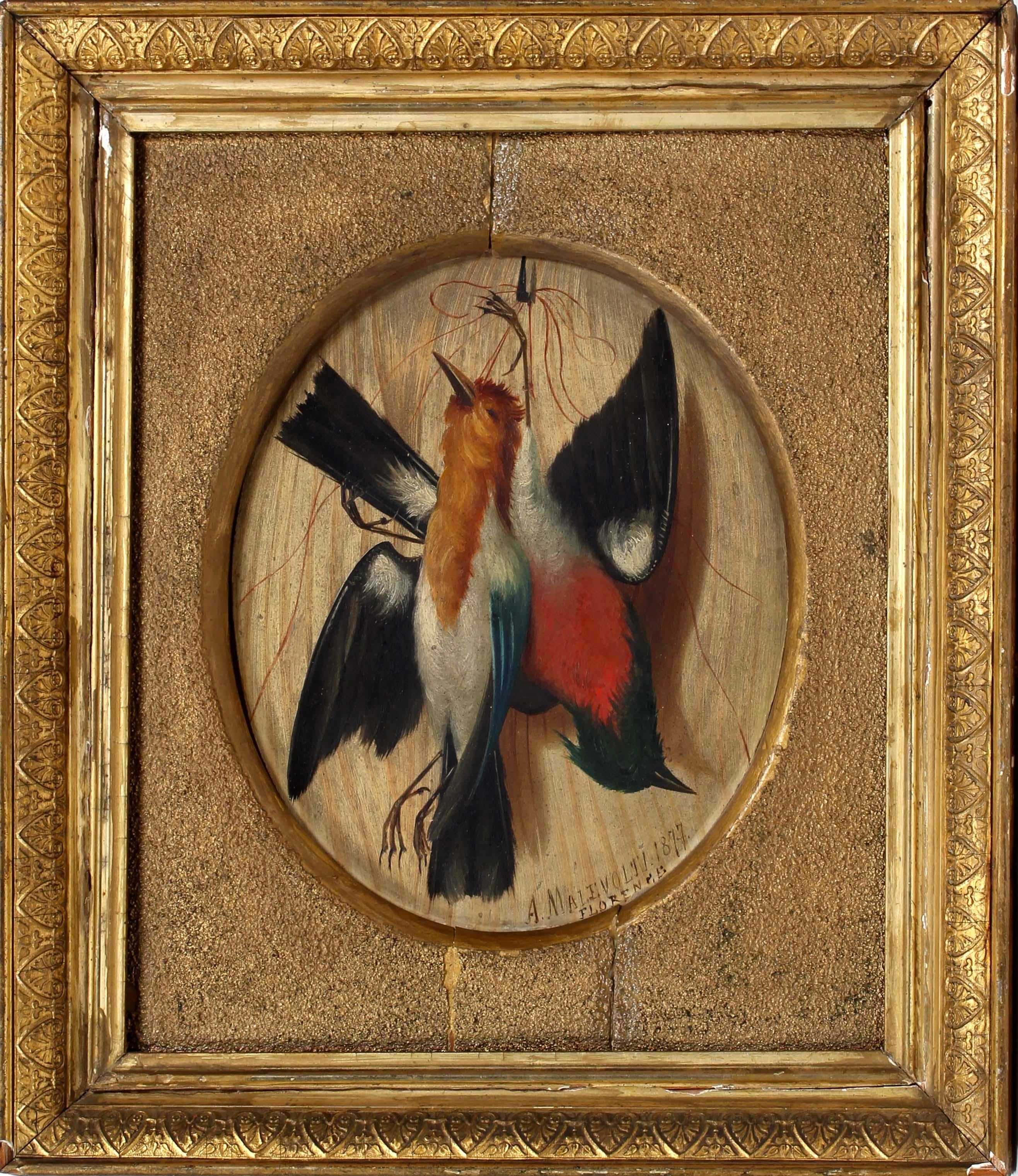 Scena di caccia trompe l'oeil del 1870 Pittura ad olio uccelli selvaggina oro