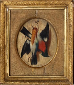 1870's Antique Italian Hunting Scene trompe l’oeil Oil Painting Birds Game Gold