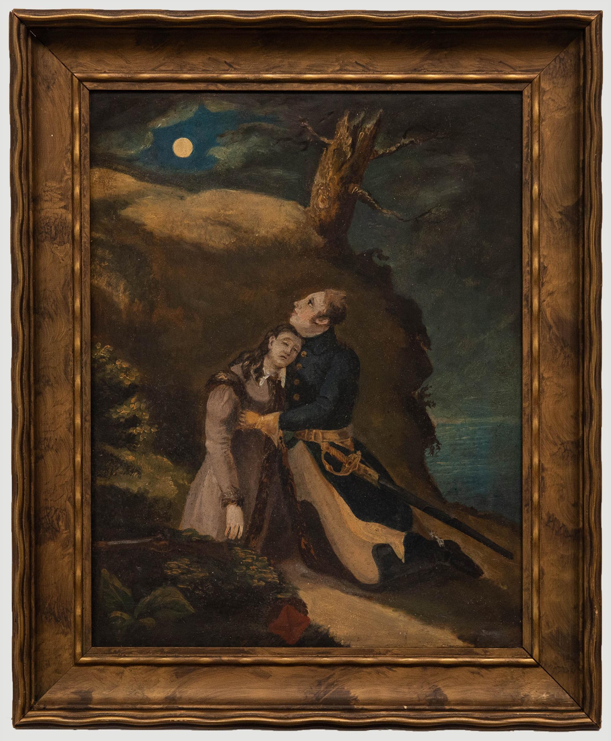 Unknown Figurative Painting - 1874 Oil - Crestfallen in the Moonlight