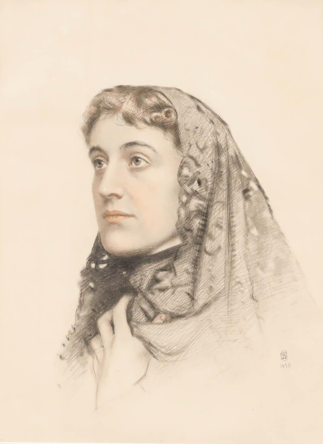1878 Chalk Drawing - Lady in a Lace Shawl - Painting by Unknown