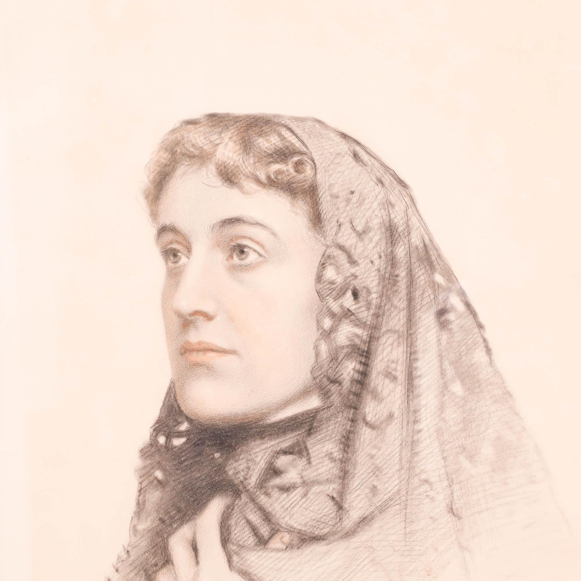 An evocative late 19th-century chalk and charcoal portrait of a mournful lady. Signed with a monogram and dated to the lower right. Well presented behind glass in a maple frame with a gilt slip. On paper.