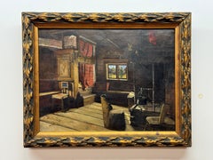 Antique 1880 cottage interior oil on canvas