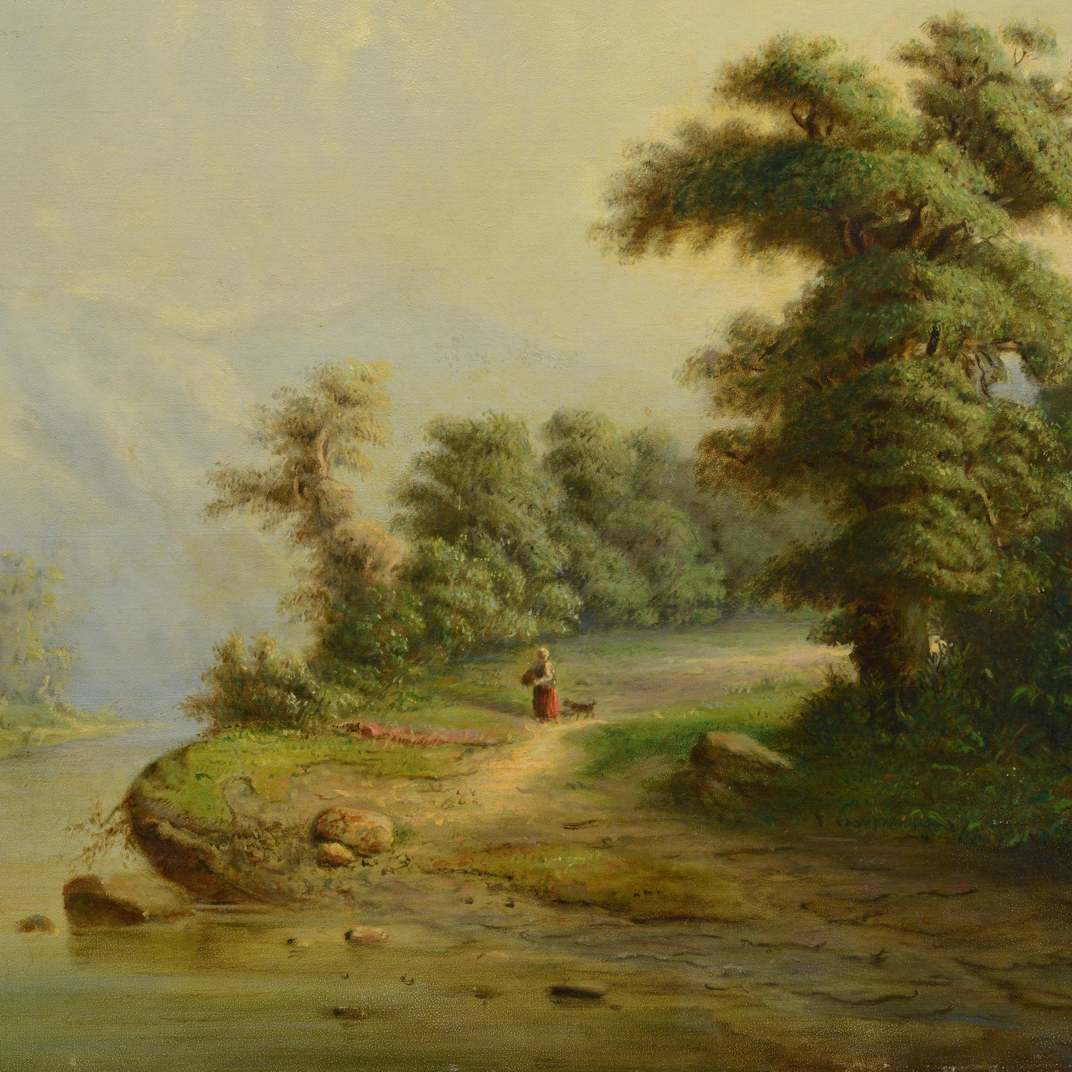 1880 Pintura al óleo pastoral romántica original Río alpino con molino de agua Firmada - Painting Realista de Unknown