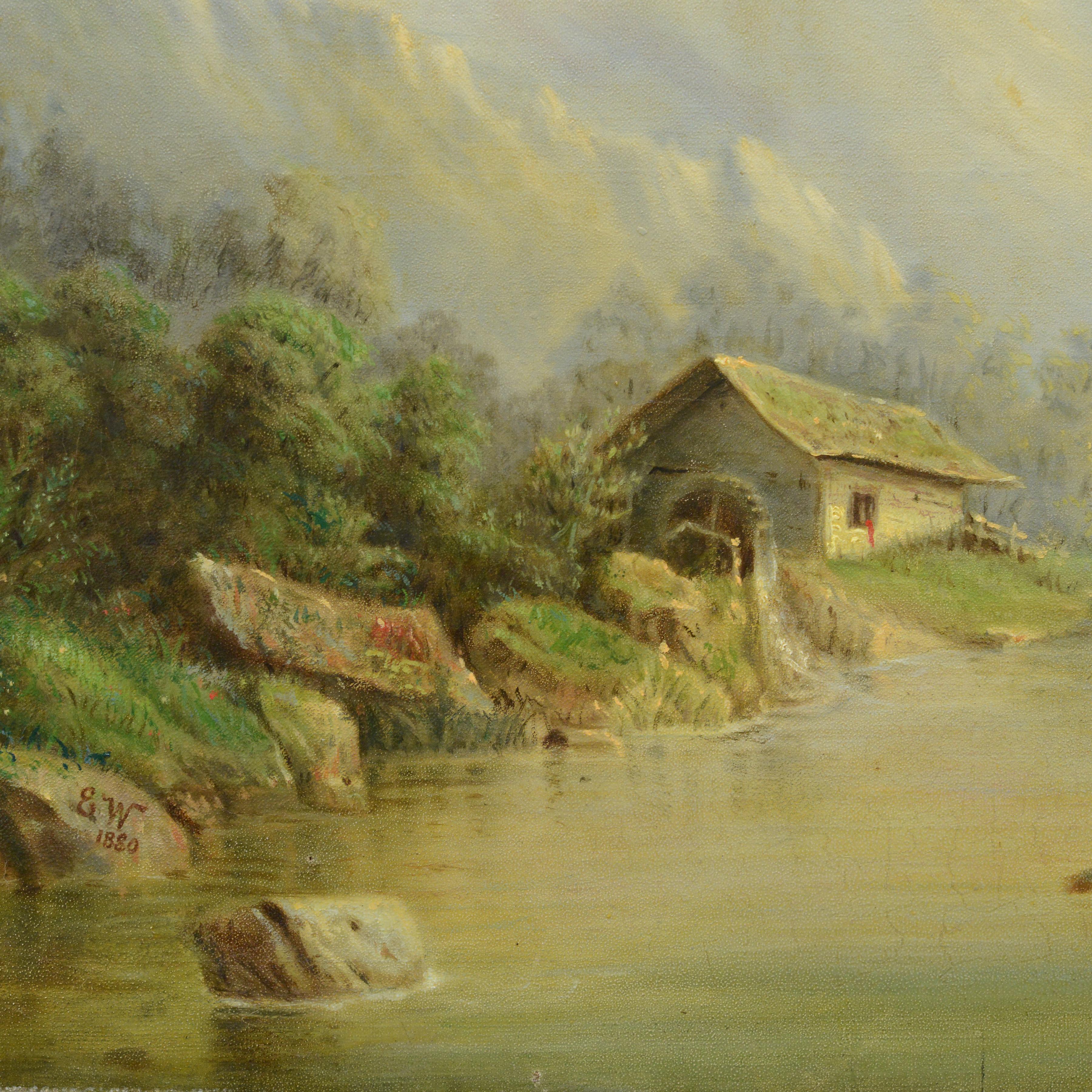 1880 Pintura al óleo pastoral romántica original Río alpino con molino de agua Firmada - Landscape Painting Marrón de Unknown