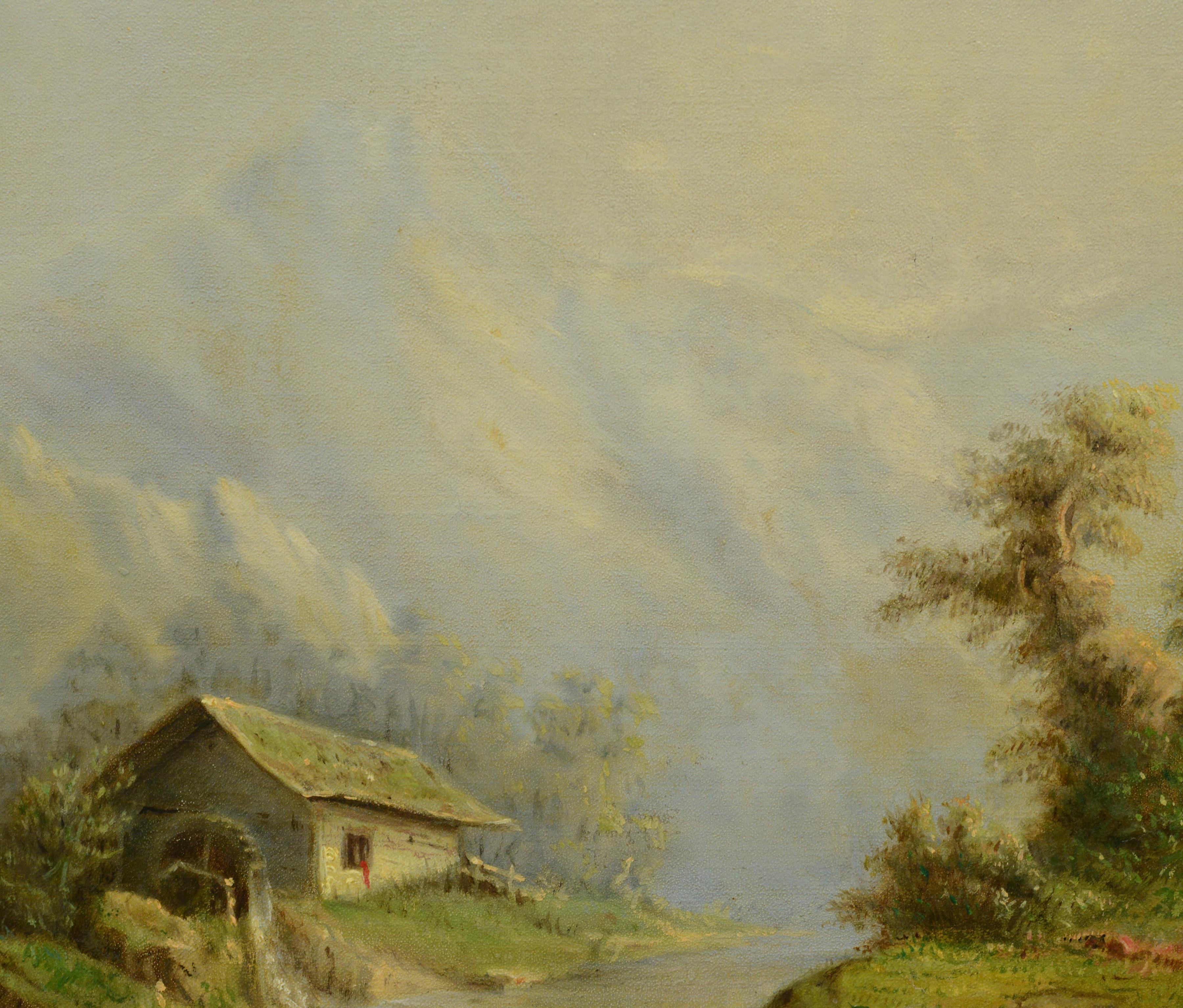 Este exquisito óleo sobre lienzo de 1880 capta un vibrante paisaje estival en los Alpes. Presenta un rincón pintoresco: un pequeño molino de agua con tejado de hierba se asienta junto a un río tranquilo, una viajera solitaria con un perro y un haz