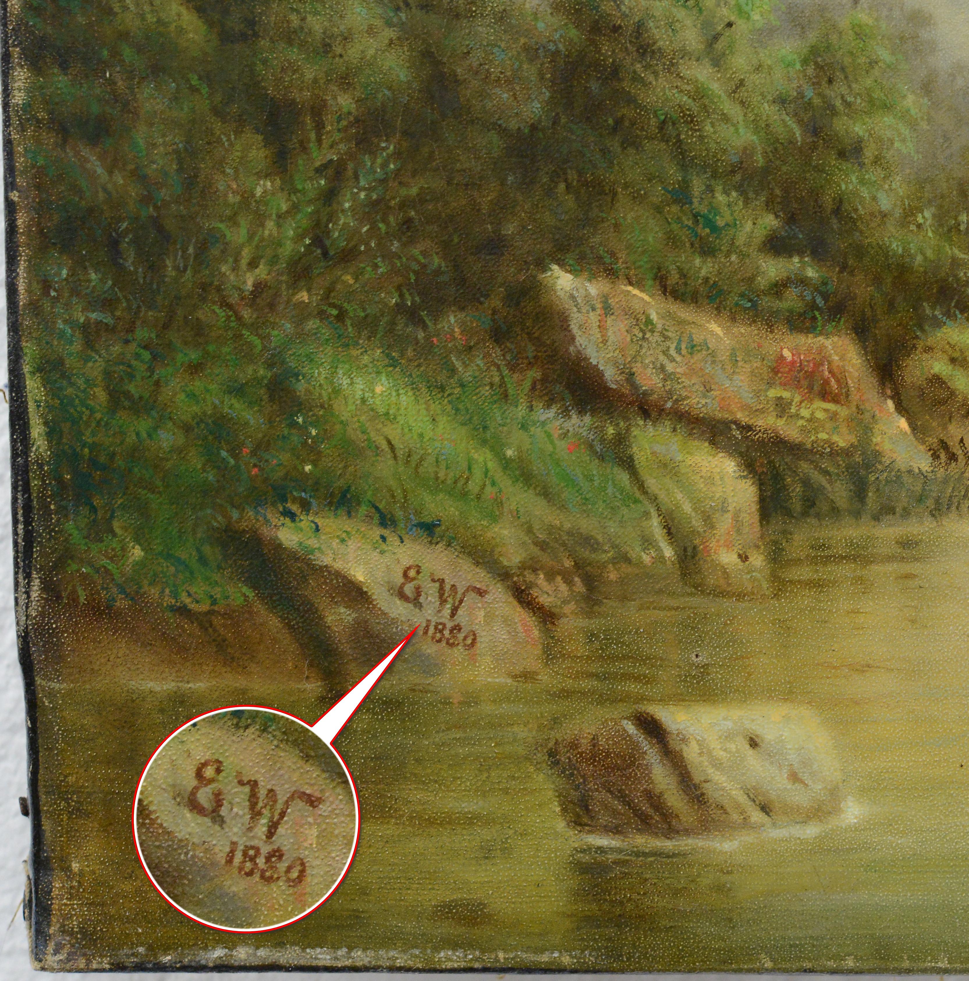 1880 Pintura al óleo pastoral romántica original Río alpino con molino de agua Firmada en venta 1