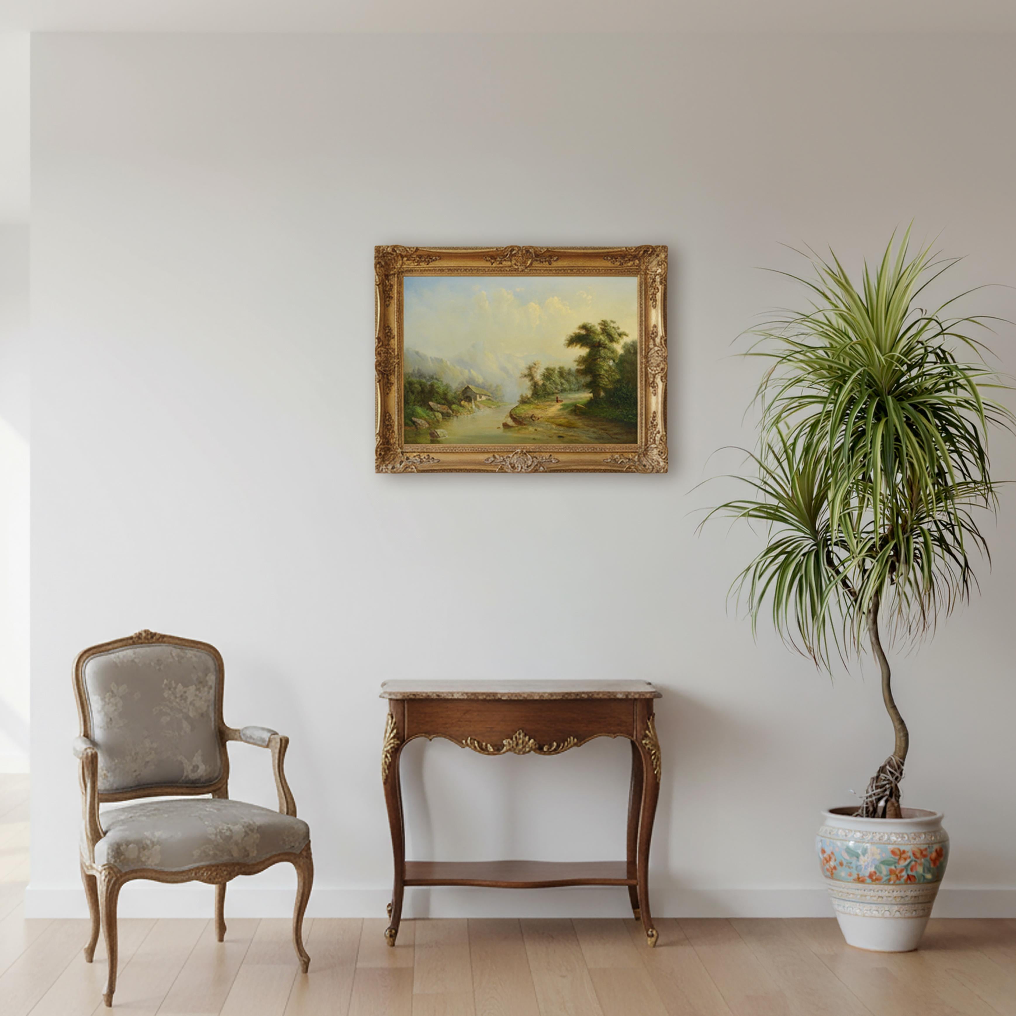 1880 Pintura al óleo pastoral romántica original Río alpino con molino de agua Firmada en venta 4