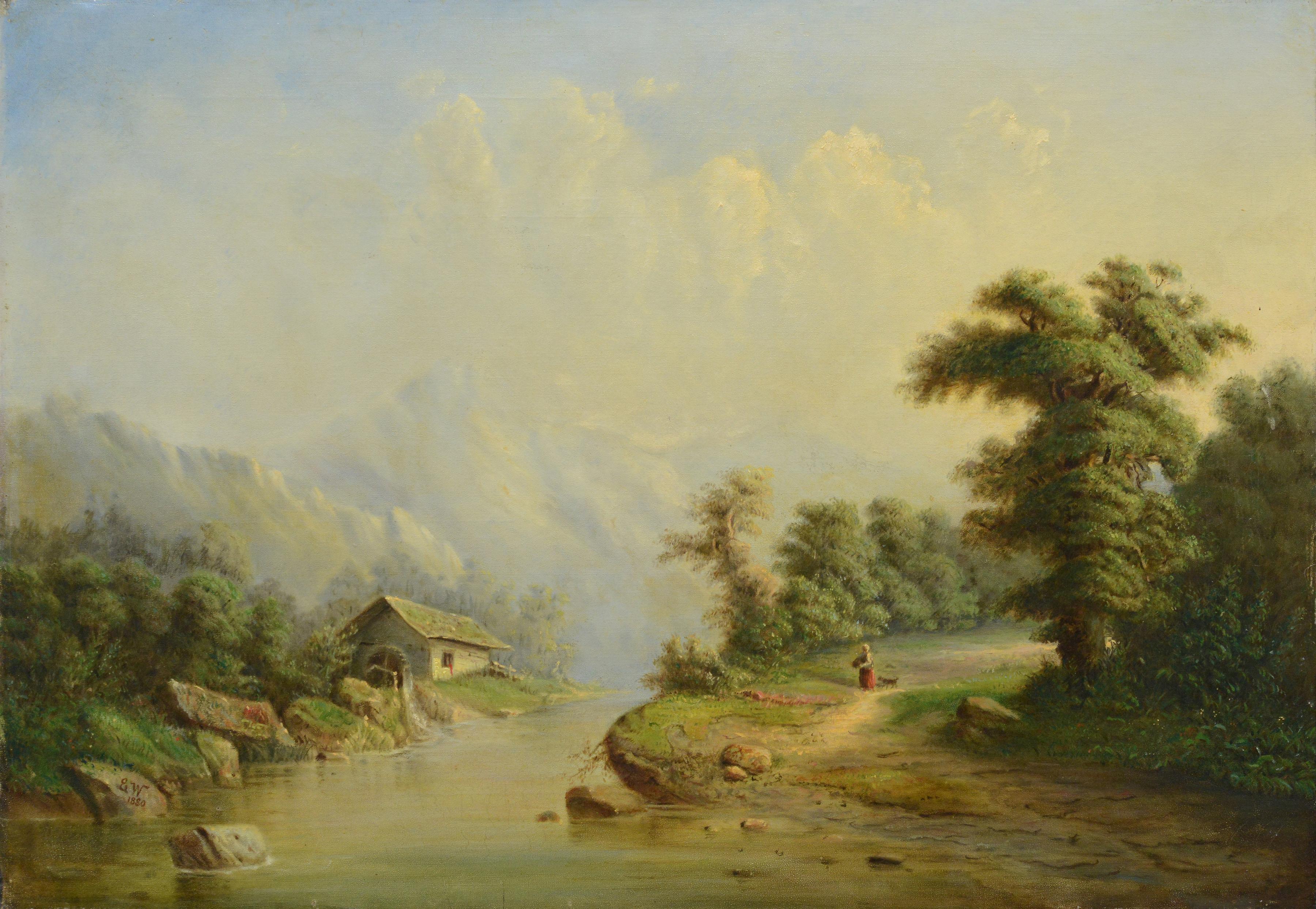 1880 Original Romantic Pastoral Oil Painting Alpine River with Watermill Signed