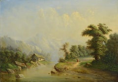 1880 Original Romantic Pastoral Oil Painting Alpine River with Watermill Signed