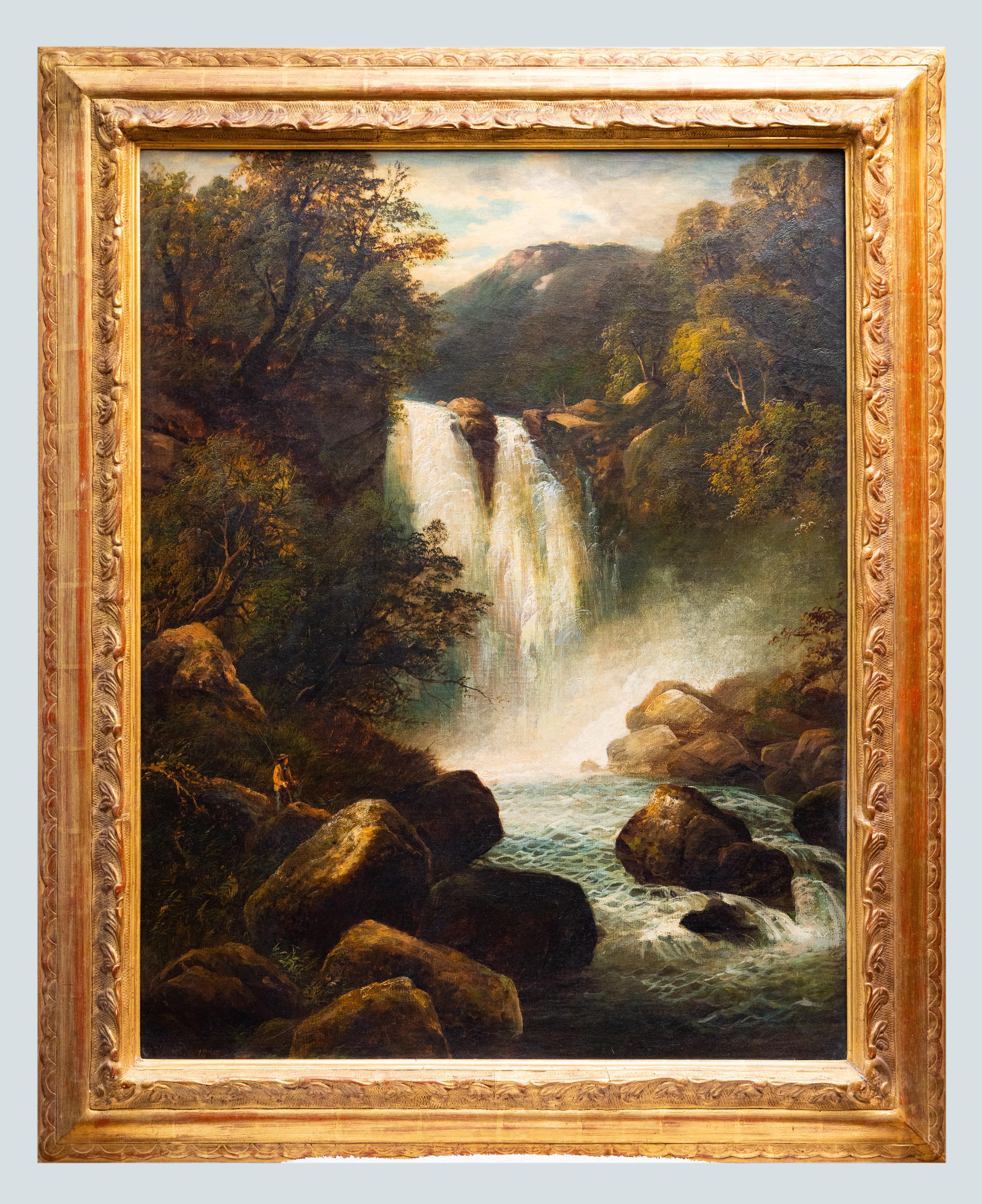 Unknown Landscape Painting – 1880: Romantisches Ölgemälde einer Wasserfalllandschaft, monumentaler viktorianischer Berg