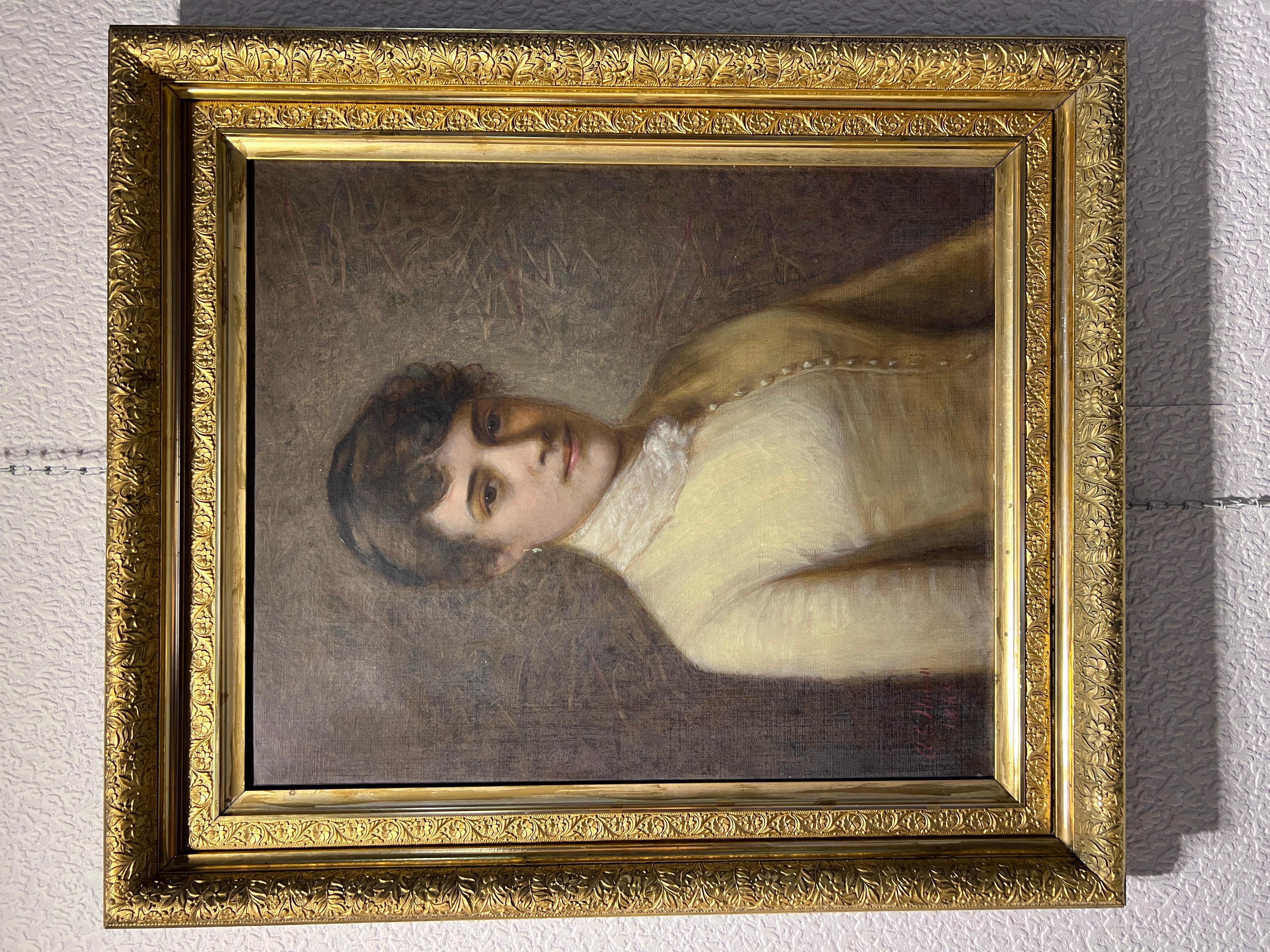 1885 Signed Antique 19th century oil painting on canvas, Portrait of a Lady For Sale 8