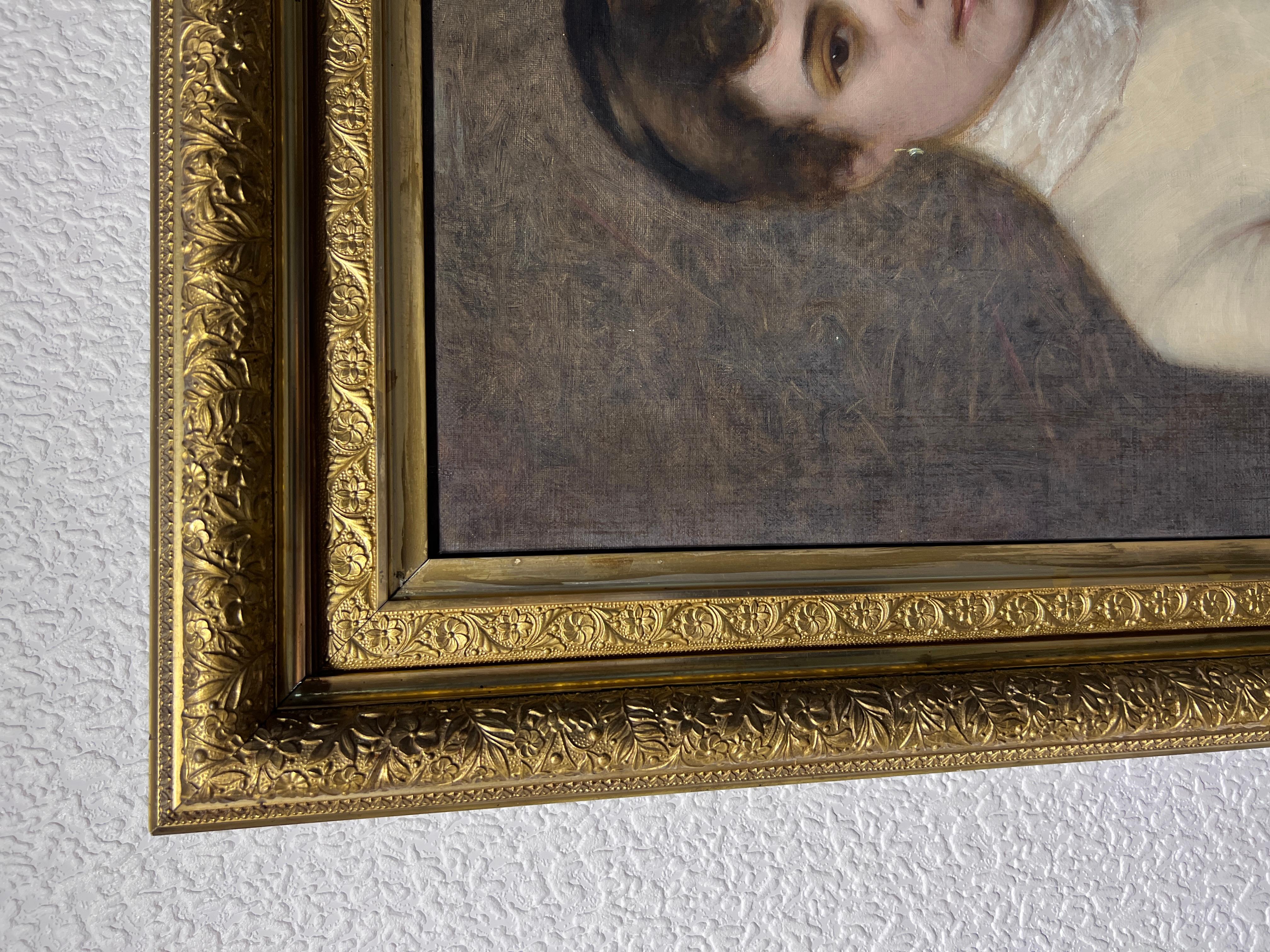 Up for sale is a beautiful Antique 19th-century original oil painting on canvas depicting a female portrait. 

The young woman gazes directly at the viewer with an air of quiet confidence, her dark eyes shining with a hint of mystery. Her face,