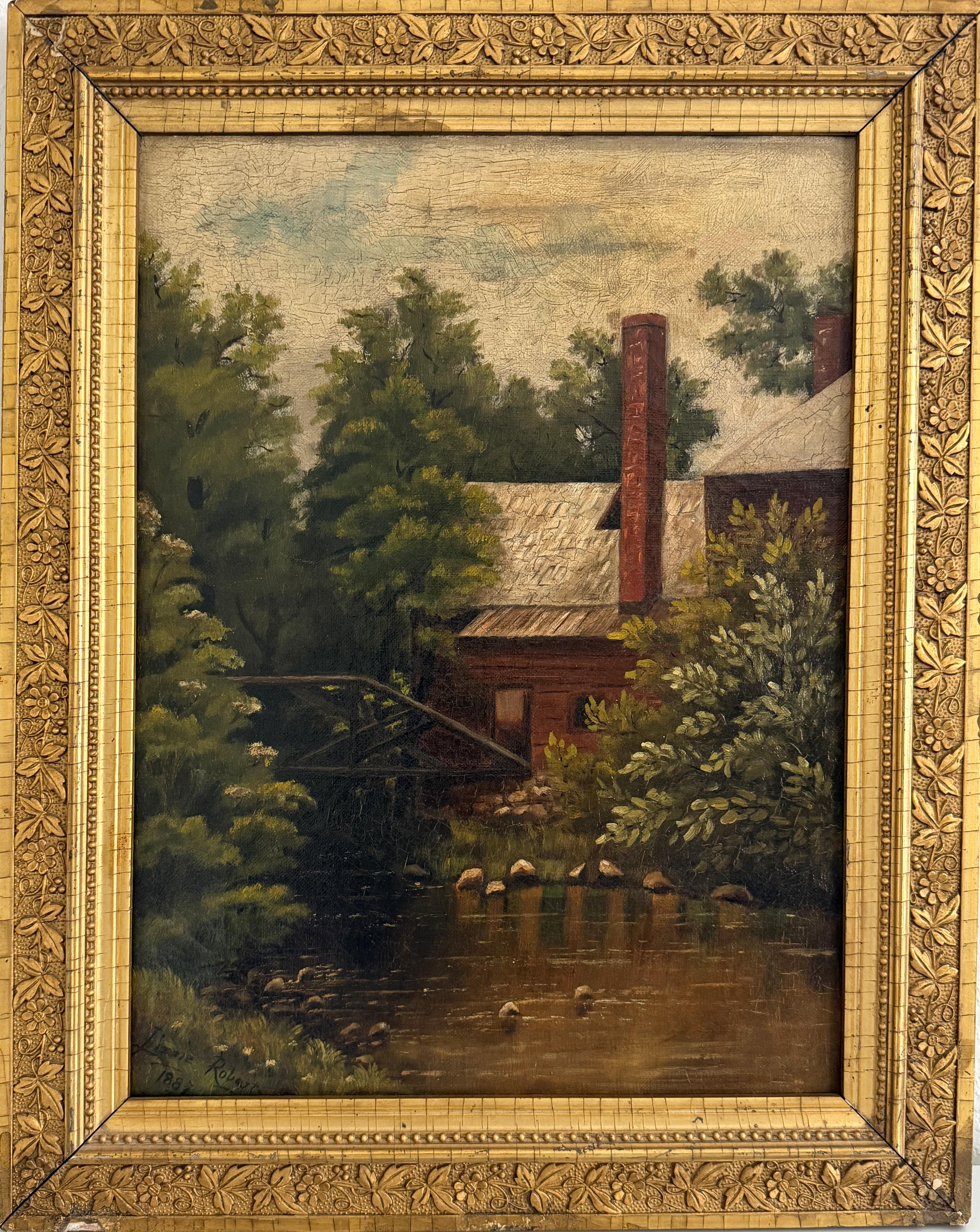 Landscape Painting Unknown - 1887 Antique 19 C. American Oil Painting Signed Landscape Shattuck Frame Clamps