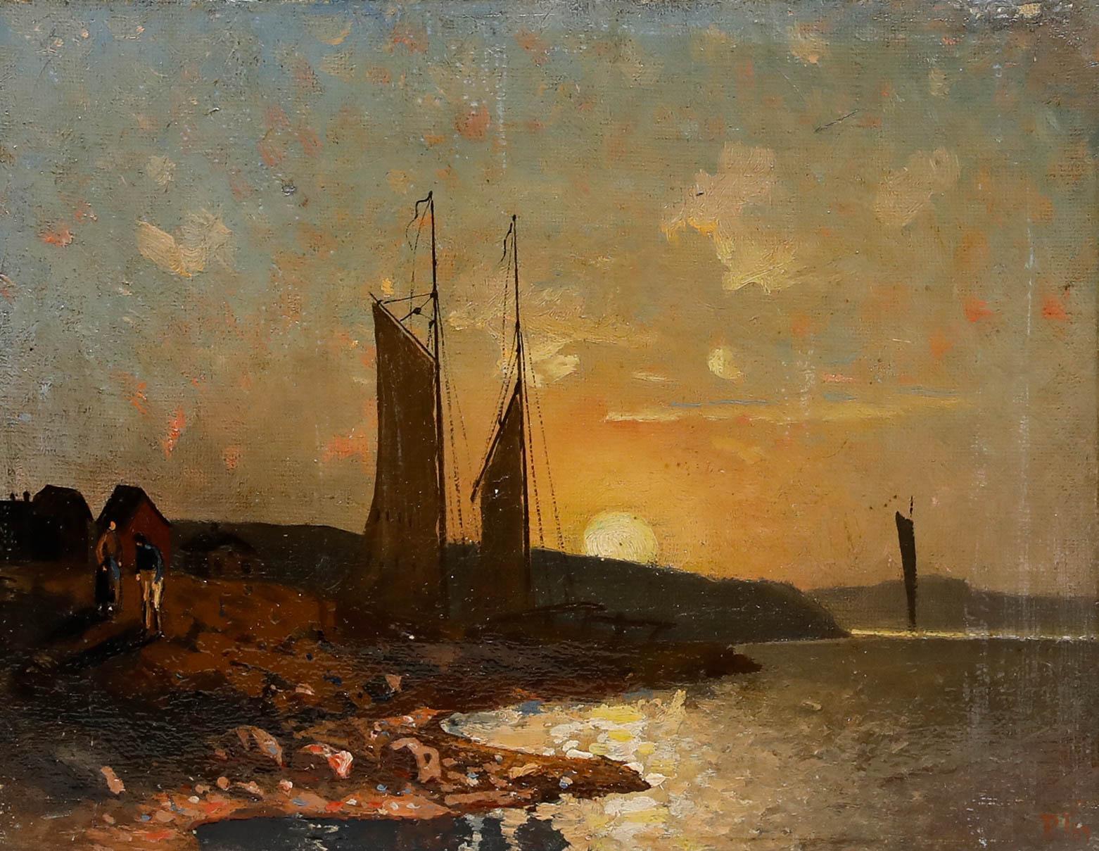1887 Öl - Gestrandete Fischerboote bei Sonnenuntergang – Painting von Unknown