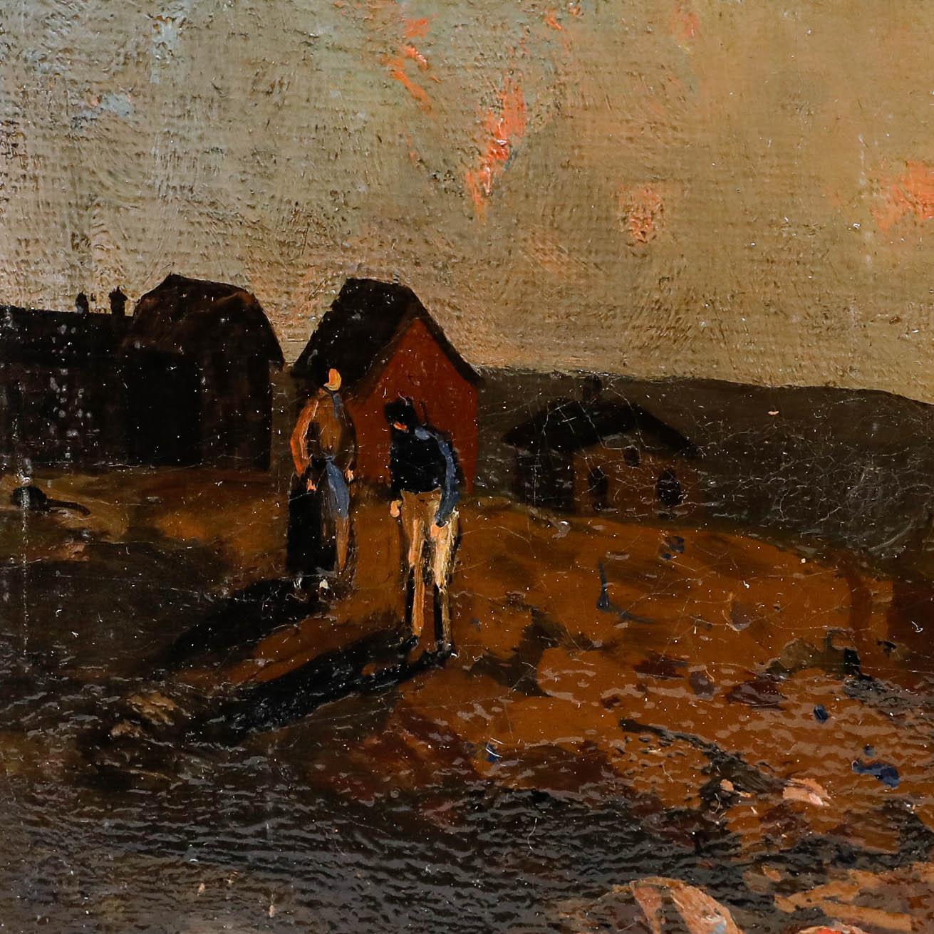 Eine charmante Studie eines gestrandeten Fischerbootes vor einem kleinen Fischerdorf. Die Sonne geht am Horizont unter und wirft ein warmes Licht auf die Szene. Signiert und datiert unten rechts. Auf Leinwand.