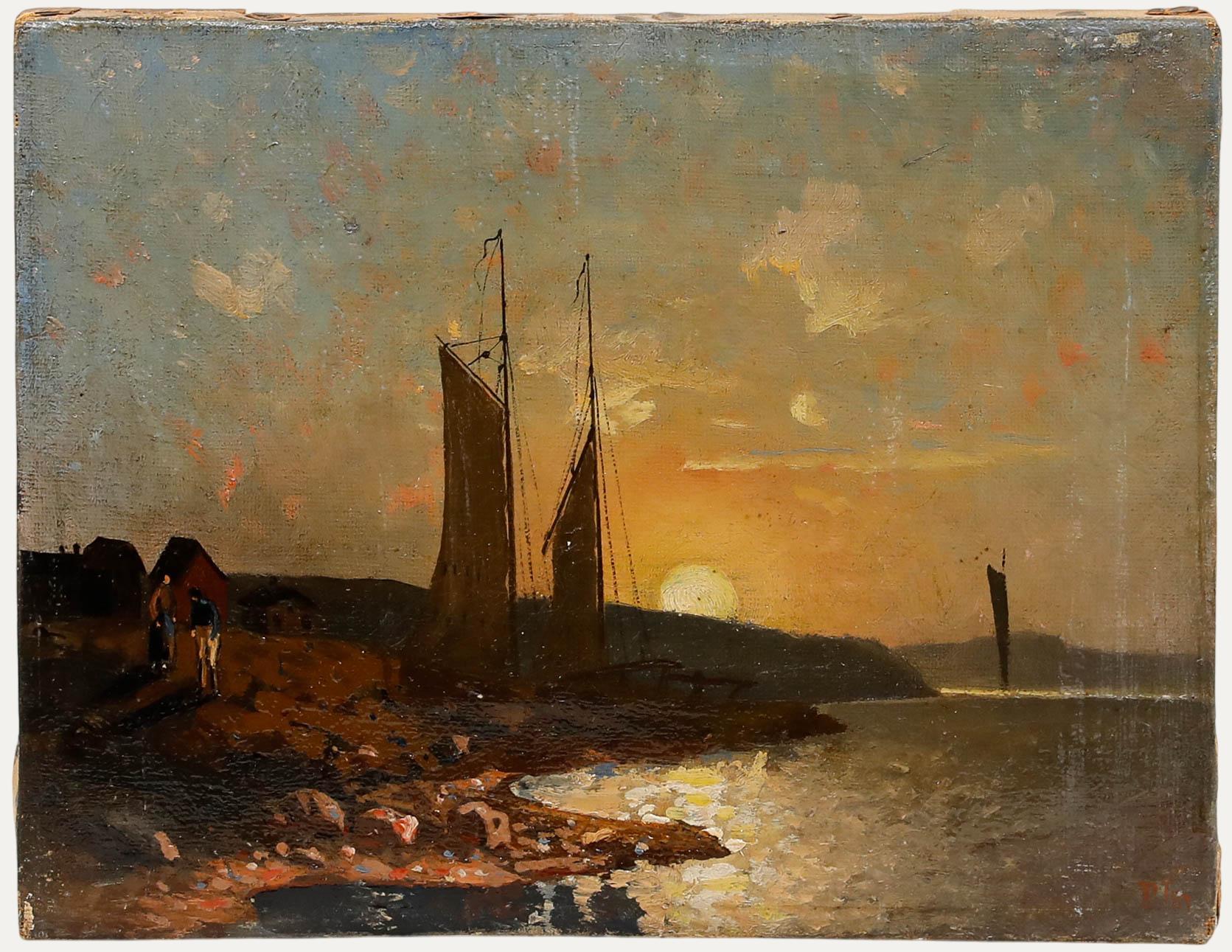 1887 Öl - Gestrandete Fischerboote bei Sonnenuntergang