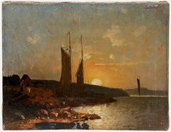 Antique 1887 Oil - Beached Fishing Boats at Sunset